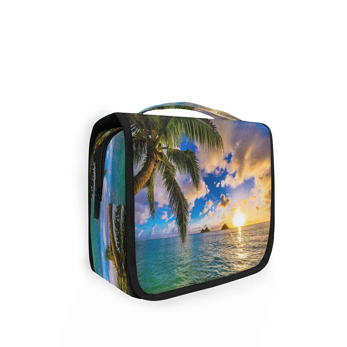 Hanging Travel Toiletry Bag - Tropical Sunrise Palm Tree Design, Folding Bathroom & Gym Organizer, Portable Cosmetic Wash Bag for Women & Girls - Perfect for Travel, Camping & Gym Use