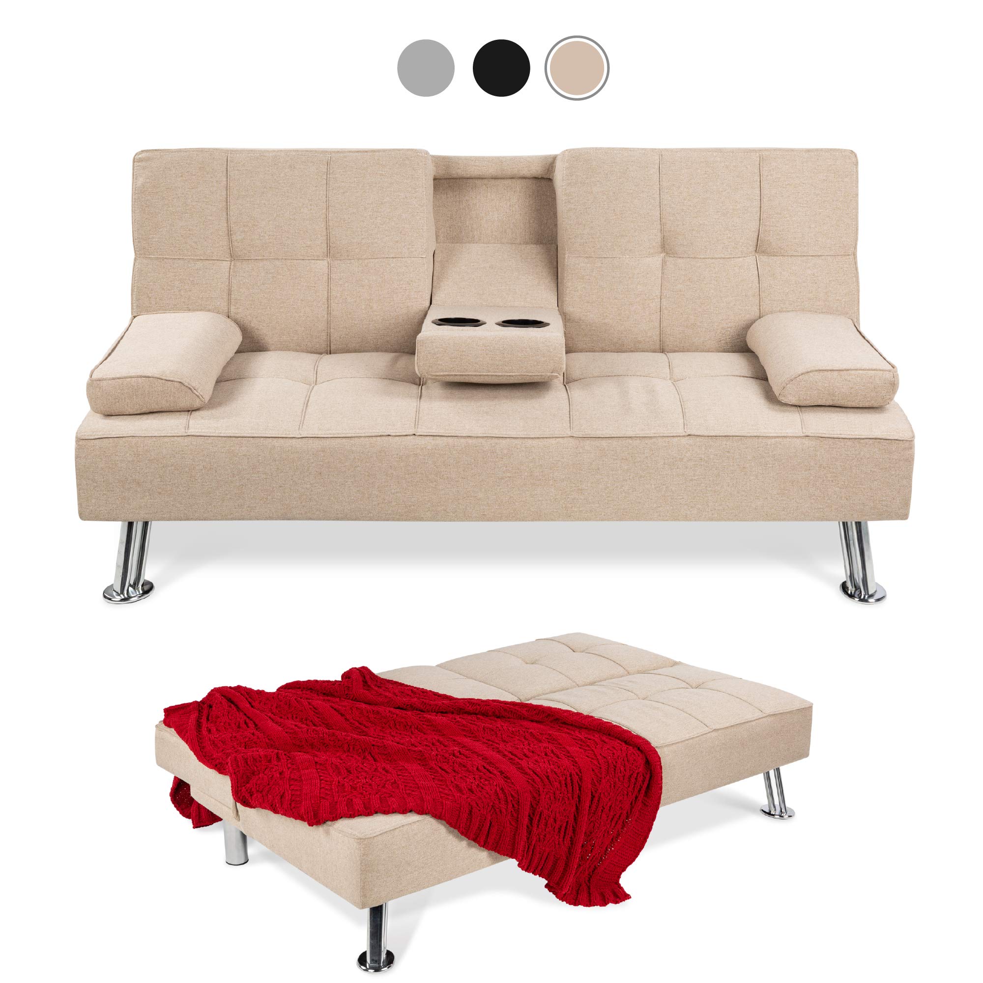 Best Choice Products Modern Convertible Folding Futon Sofa Bed - Linen Upholstered with Removable Armrests, Metal Legs & 2 Cupholders - Space Saving Sleeper for Small Apartments, Dorms, Bonus Rooms - Perfect for Guest Beds, Studio Living & Compact Spaces (Beige)