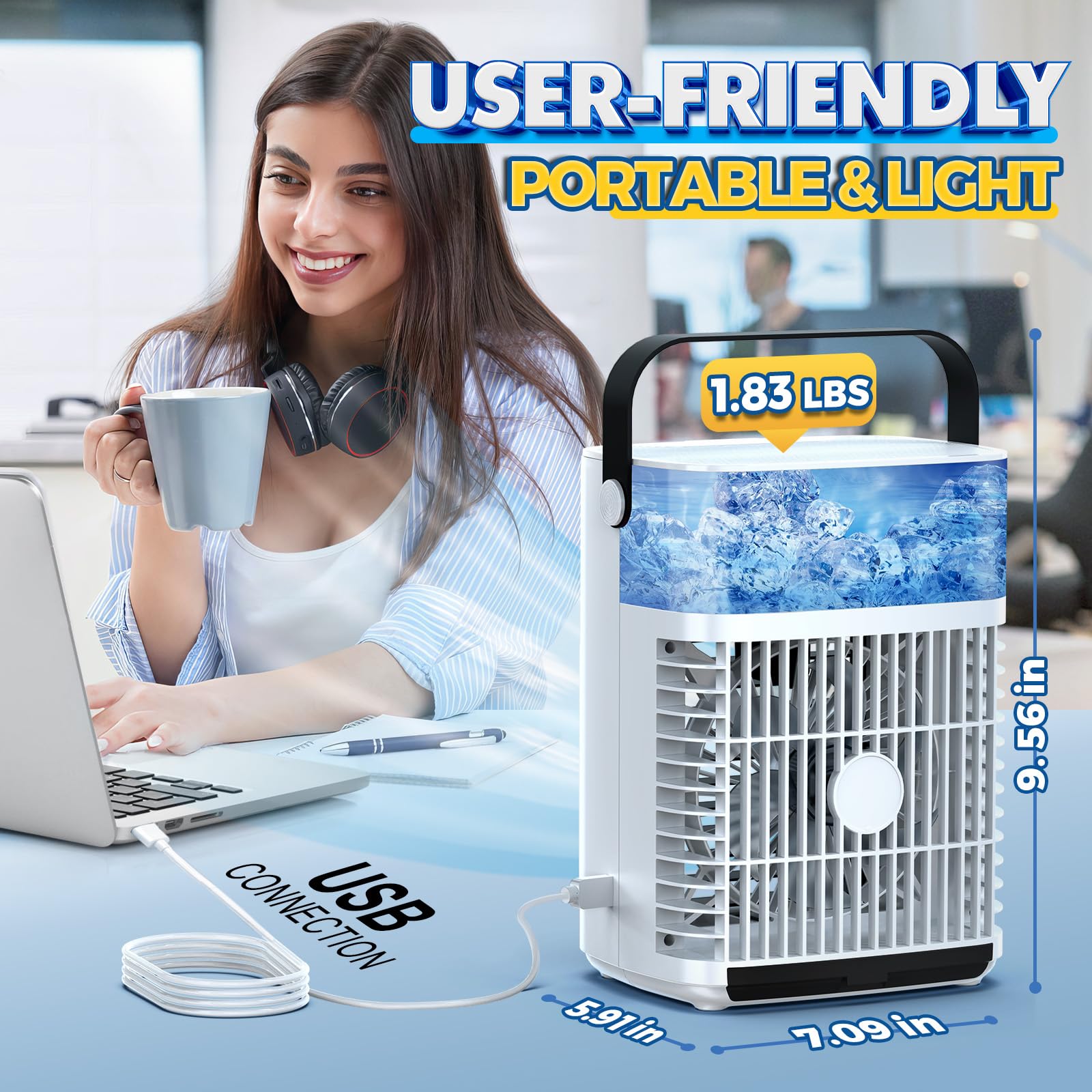 Portable Air Conditioner & Cooling Fan - Mini AC with 3 Speed Settings, 3 Timer Modes, Humidifier Function | Personal Desk Evaporative Air Cooler for Home, Office, Bedroom, Car & Travel Use
