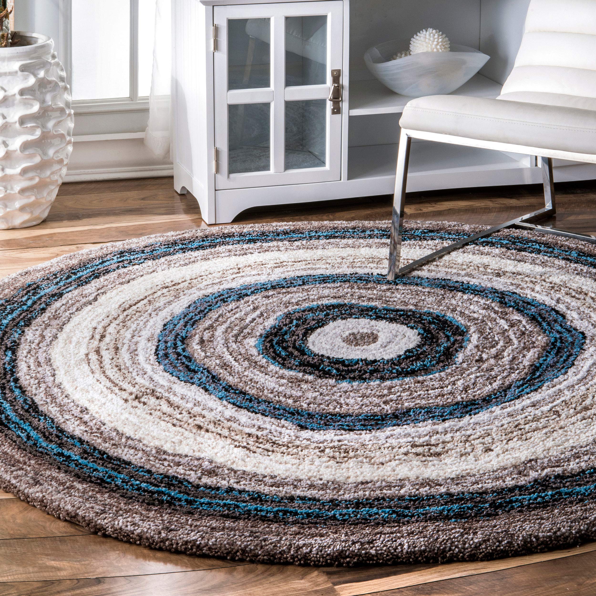 nuLOOM Drey Striped Shag Area Rug - 8' Round Soft Plush Rug in Casual Blue & Brown for Living Room, Bedroom, Dining Room, Nursery | Perfect for Cozy Home Decor & Kids Play Area