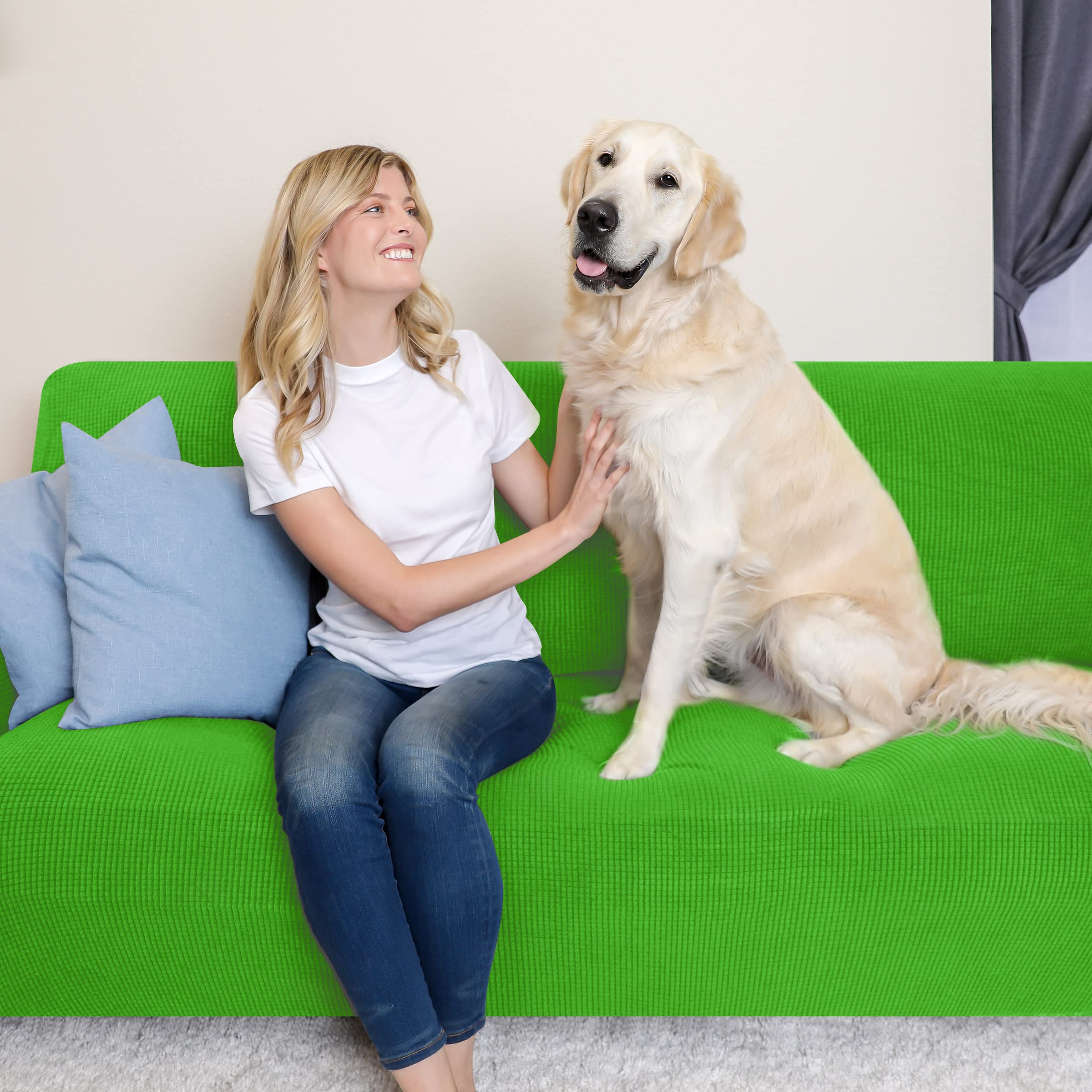 SUBRTEX Stretch Sofa Cover Set - 1 Piece Sofa Slipcover with Free Cushion Cover for 3-Seater Couch (Grass Green) - Perfect for Living Room, Home Decor & Furniture Protection