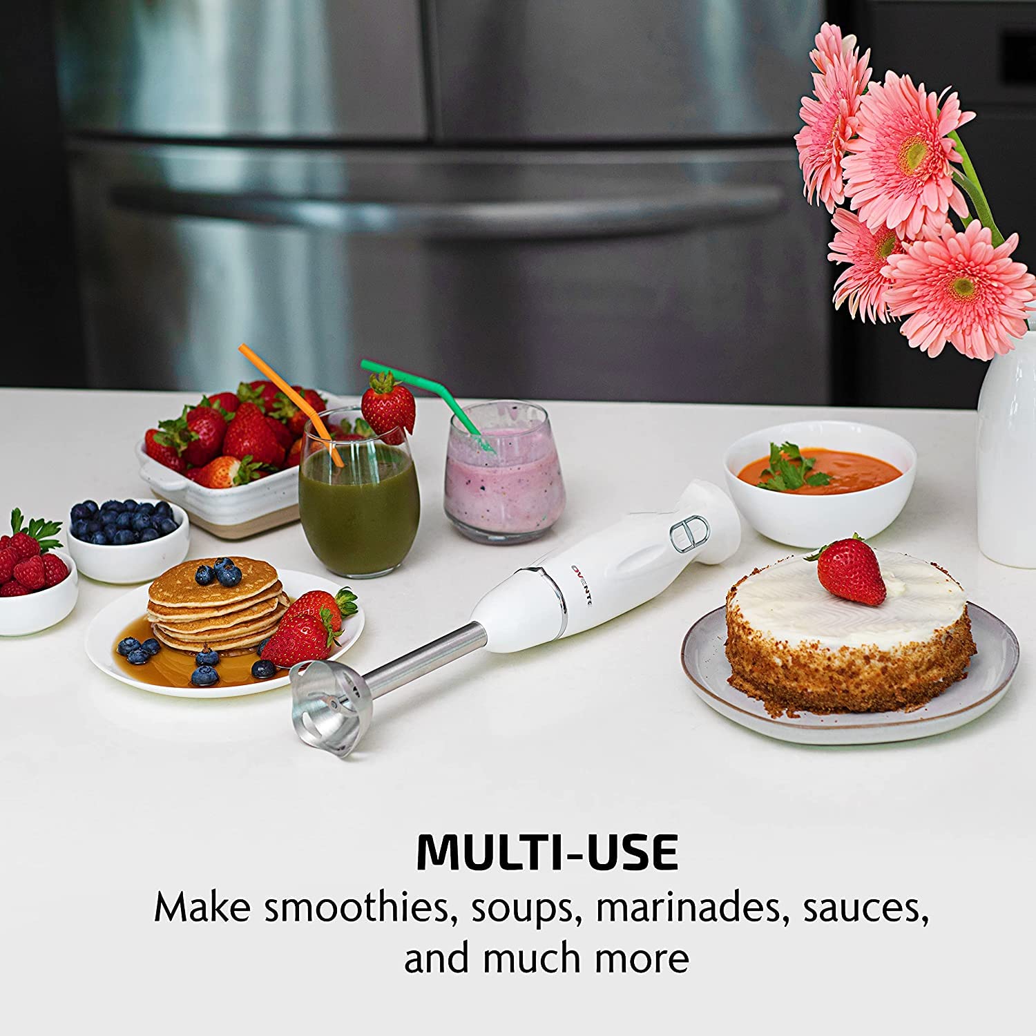 OVENTE 300W Electric Hand Blender - Immersion Stick Mixer with Stainless Steel Blades, 2 Speed Settings for Smoothies, Shakes, Purees & Baby Food - Portable & Easy to Clean (White, HS560W) - Perfect for Kitchen, Baking & Healthy Meal Prep