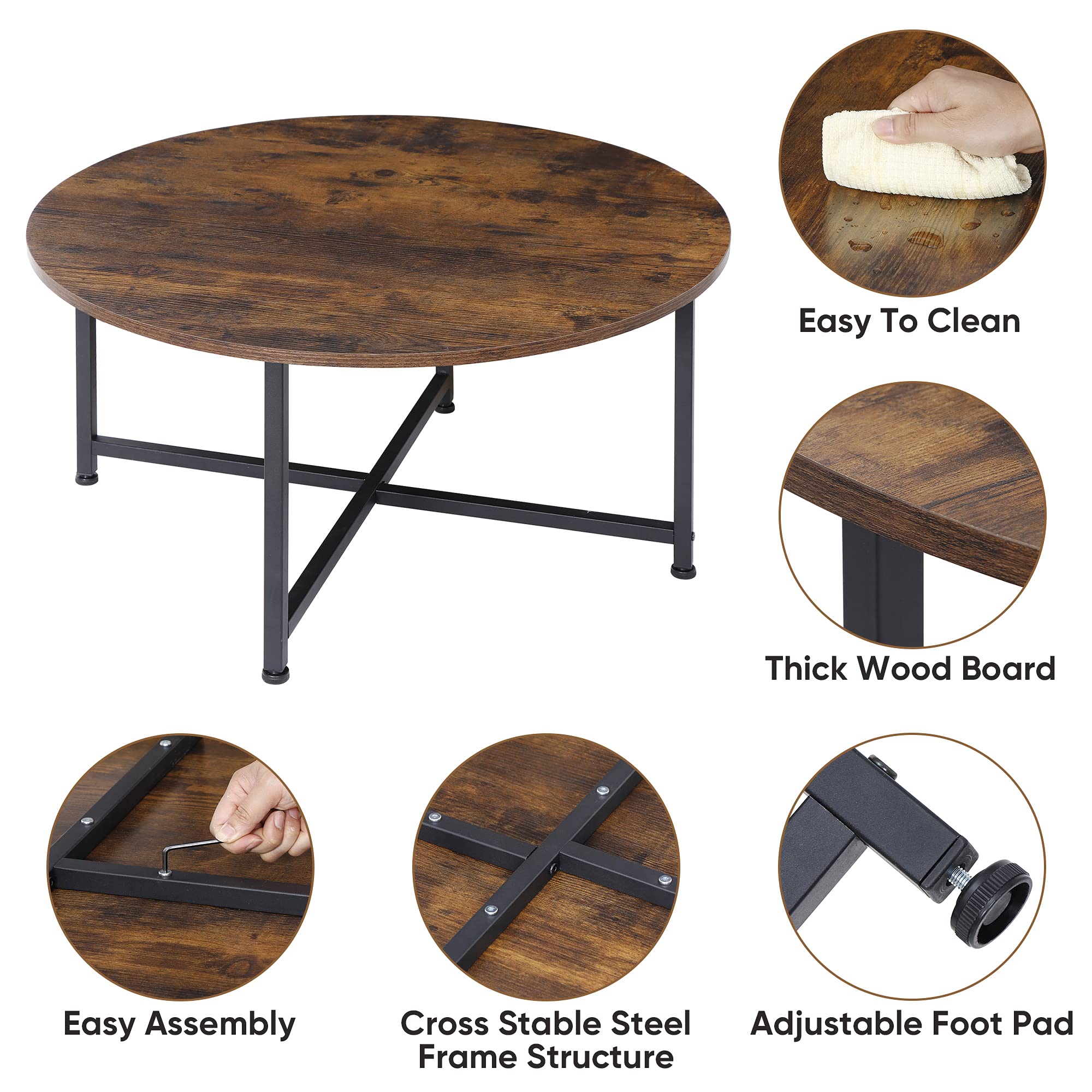 Smartxchoices 32 Inch Round Coffee Table - Solid Wood Top with Sturdy Metal Cross Legs - Industrial Style Center Table for Living Room, Coffee Bar, Patio & Outdoor Use - Perfect for Entertaining Guests or Relaxing with Coffee