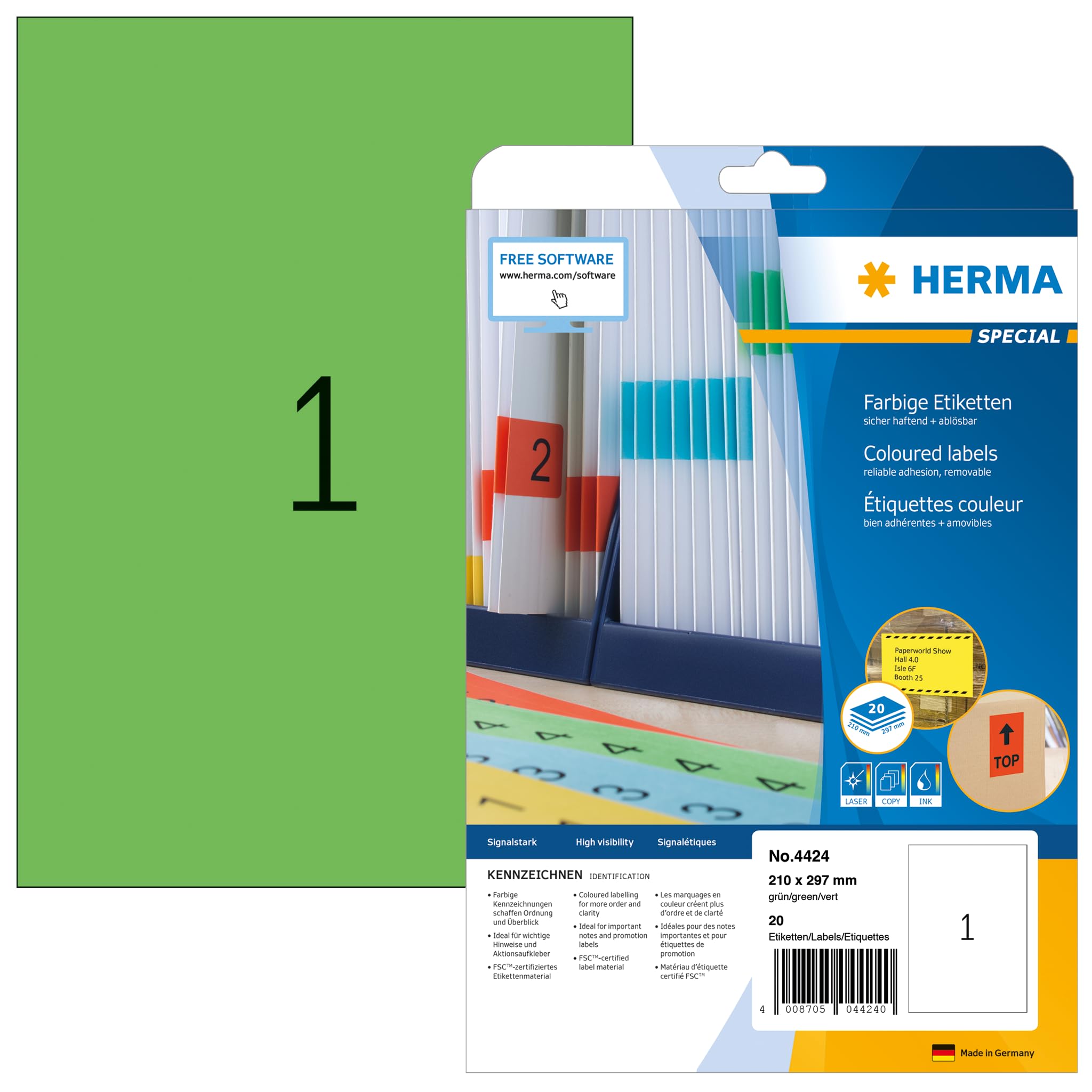 HERMA 4424 Self Adhesive Colored Labels - 20 Blank Removable Stickers (1 Label per A4 Sheet, 210x297mm) for Laser & Inkjet Printers - Green - Perfect for Organizing Files, Mailing & Craft Projects