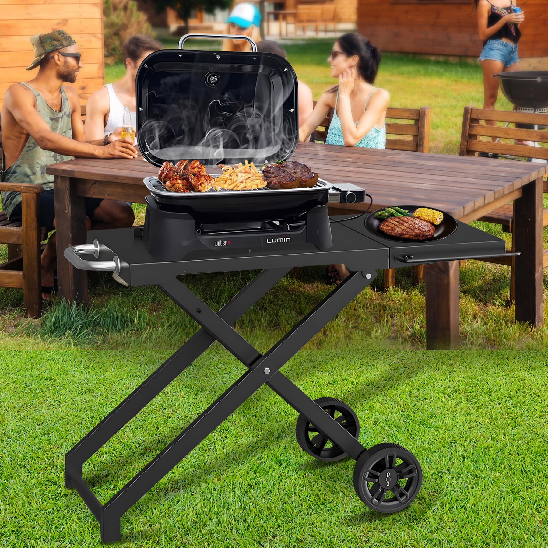 Portable Electric Grill Cart for Weber Lumin Compact - Folding Outdoor BBQ Table with Side Shelf | Perfect for Backyard, Camping & Tailgating Parties | Compatible with Weber 91010901 & 91300901 Models