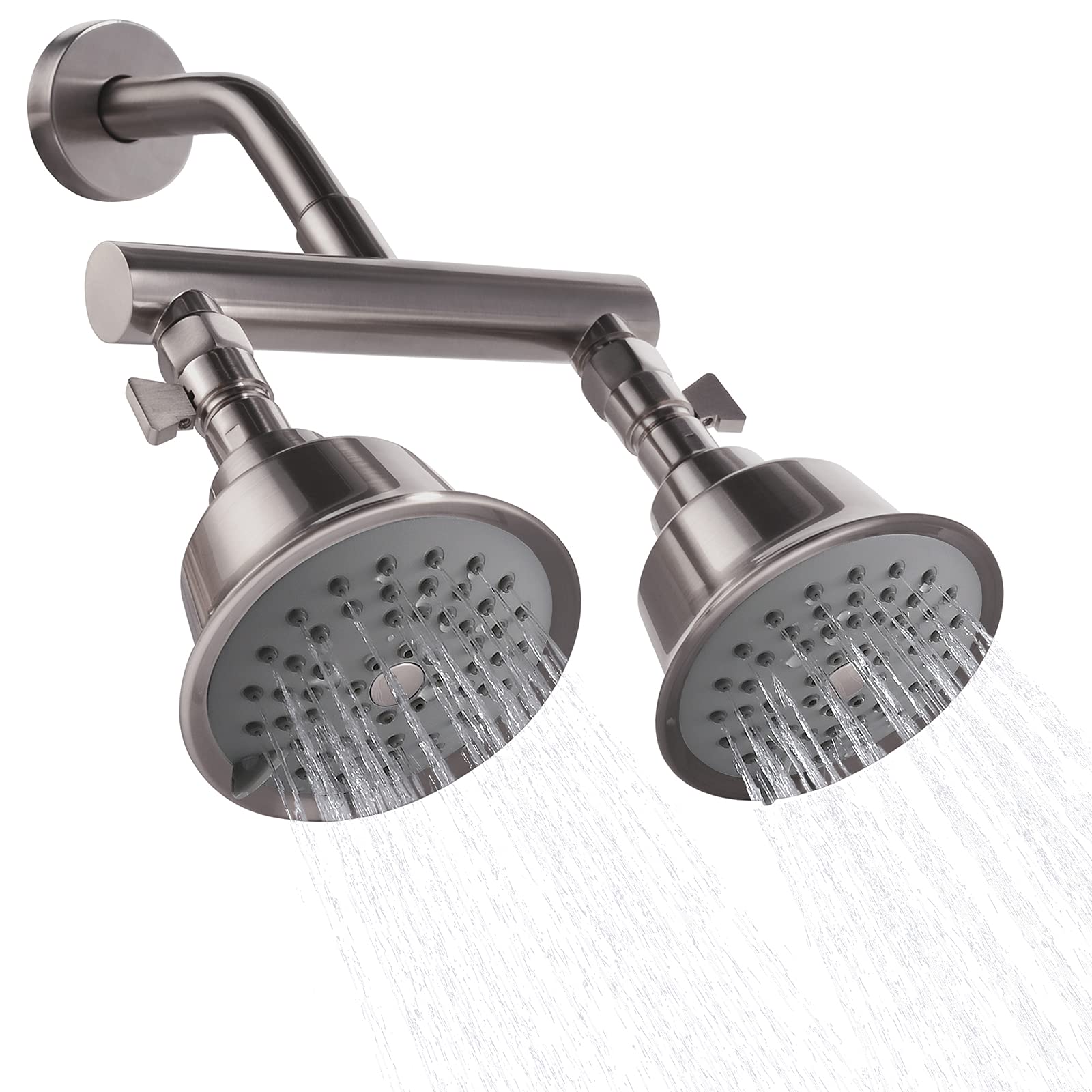 Double Shower Head with Shut-Off Valves - High Pressure 3 Function Sprayers in Brushed Nickel - Perfect for Bathing, Water Conservation & Spa-Like Experience