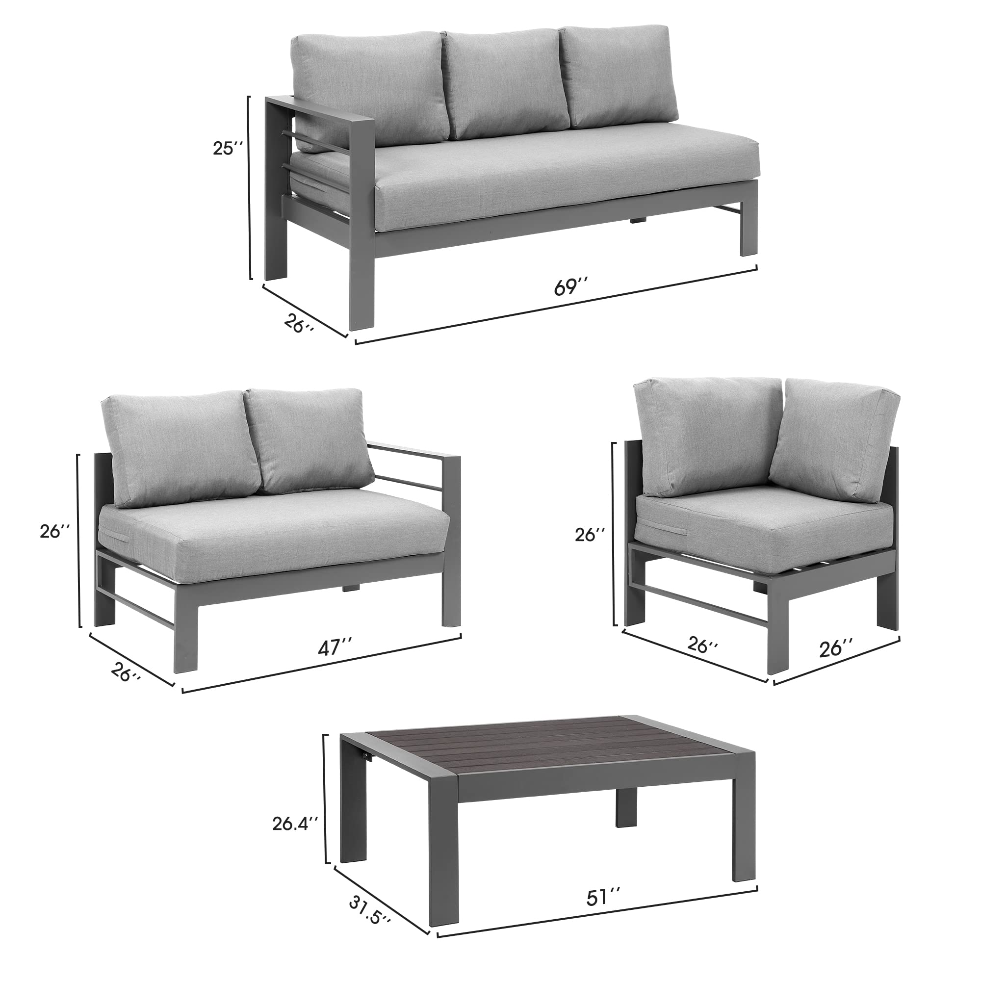 Wisteria Lane Outdoor Patio Furniture Set - 6-Piece Aluminum Sectional Sofa with Coffee Table, All-Weather Metal Conversation Set & Dark Grey Cushions - Perfect for Backyard, Garden, Poolside & Deck Relaxation