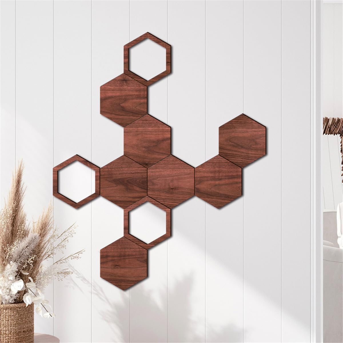 Modern Hexagon Honeycomb Wood Wall Art Panels - DIY Geometric Wooden Wall Sculpture for Home Decor, Bedroom, Living Room, Kitchen & Office - Handcrafted Natural Wood Wall Decor for Boho, Farmhouse & Contemporary Interiors