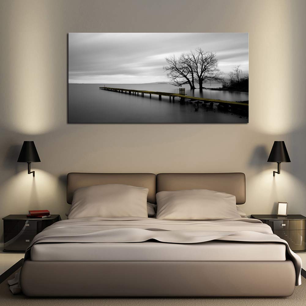 Modern Minimalist Black and White Lake Trees Landscape Canvas Wall Art - DZL Art S74962 - Perfect for Living Room, Bedroom & Office Decor - Home Decoration & Wall Painting Ideas