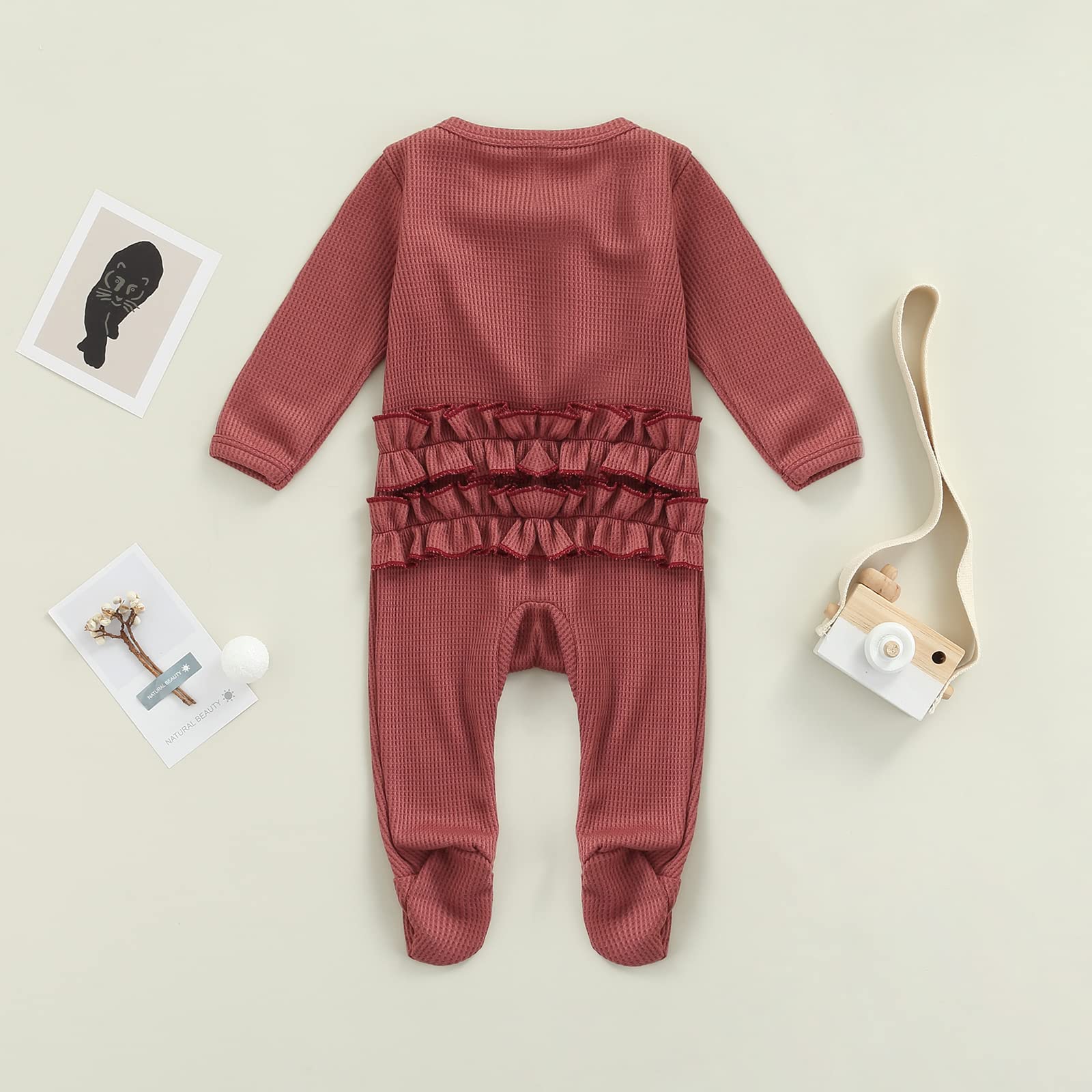 Newborn Baby Girl Waffle Knit Romper with Zippers & Ruffles - Soft Winter Footie Jumpsuit for Fall & Winter | Cozy Outfit for Newborn Photoshoots, Family Gatherings & Daily Wear
