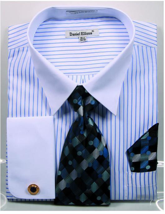 Royal Blue Pinstripe Men's Dress Shirt with White Collar - Formal Business Attire for Office, Weddings & Special Occasions