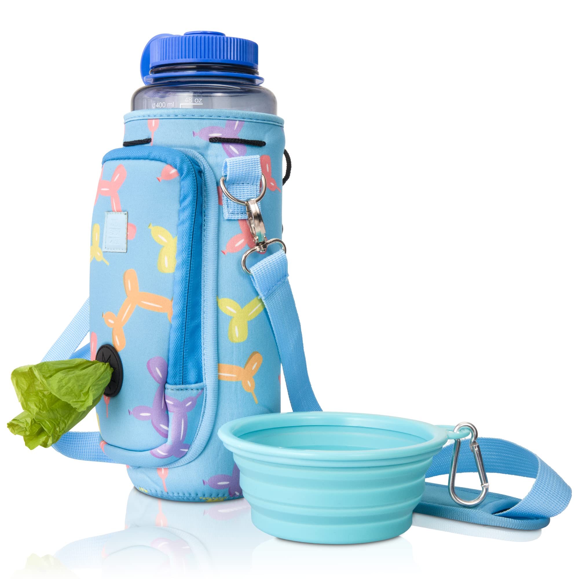 **Adjustable Padded Shoulder Strap Dog Water Bottle Carrier with Pocket for Waste Bags – 40oz Large Capacity, Includes Bowl & Balloon Dog Design (Blue) – Perfect for Hiking, Walking, and Outdoor Adventures**