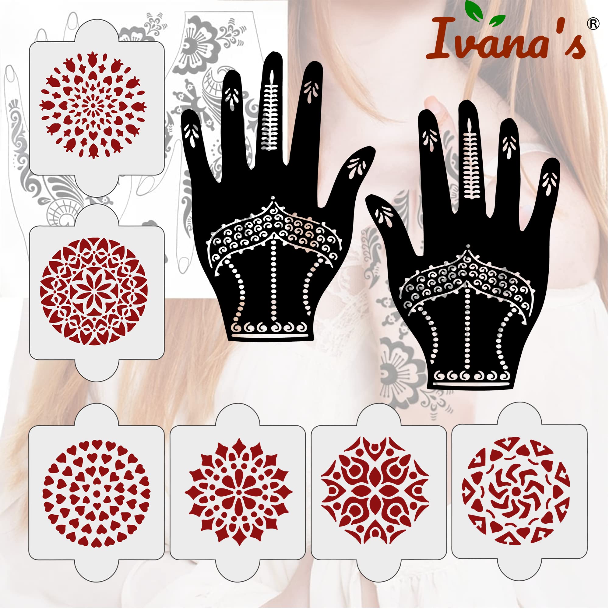 8 Pcs Reusable Henna Stencil Tattoo Kit - 2 Henna Stencils + 6 Laser Cut PVC Templates for Women, Girls & Kids | Easy DIY Mehndi Designs for Hands, Feet & Body | Perfect for Weddings, Parties & Festivals