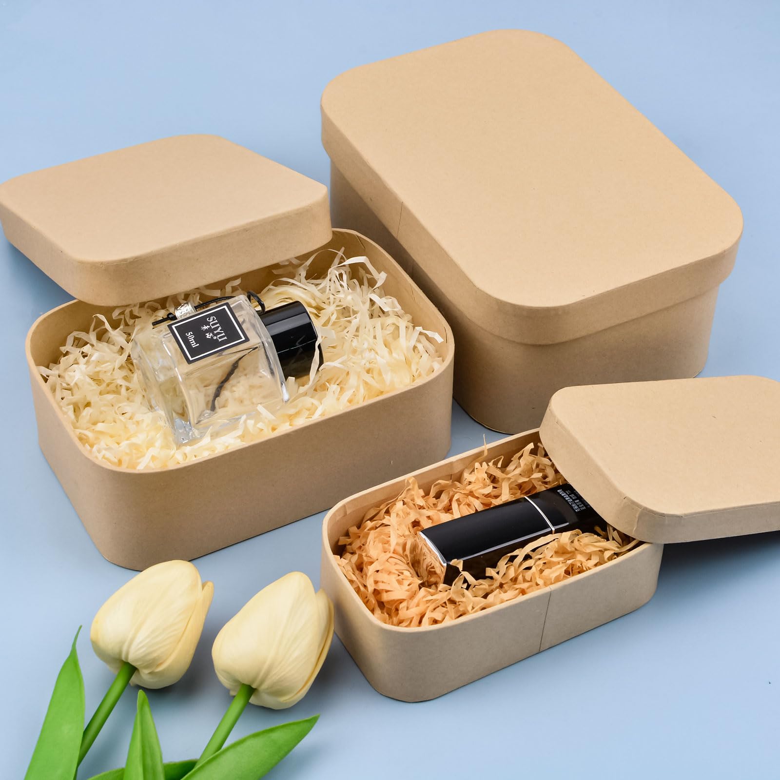 WANDIC Set of 3 Kraft Paper Mache Storage Boxes - Rectangular Hat Boxes with Rounded Corners for DIY Painting, Crafting, Jewelry & Cosmetics Organization | Perfect for Home Decor, Gift Wrapping & Wedding Favors