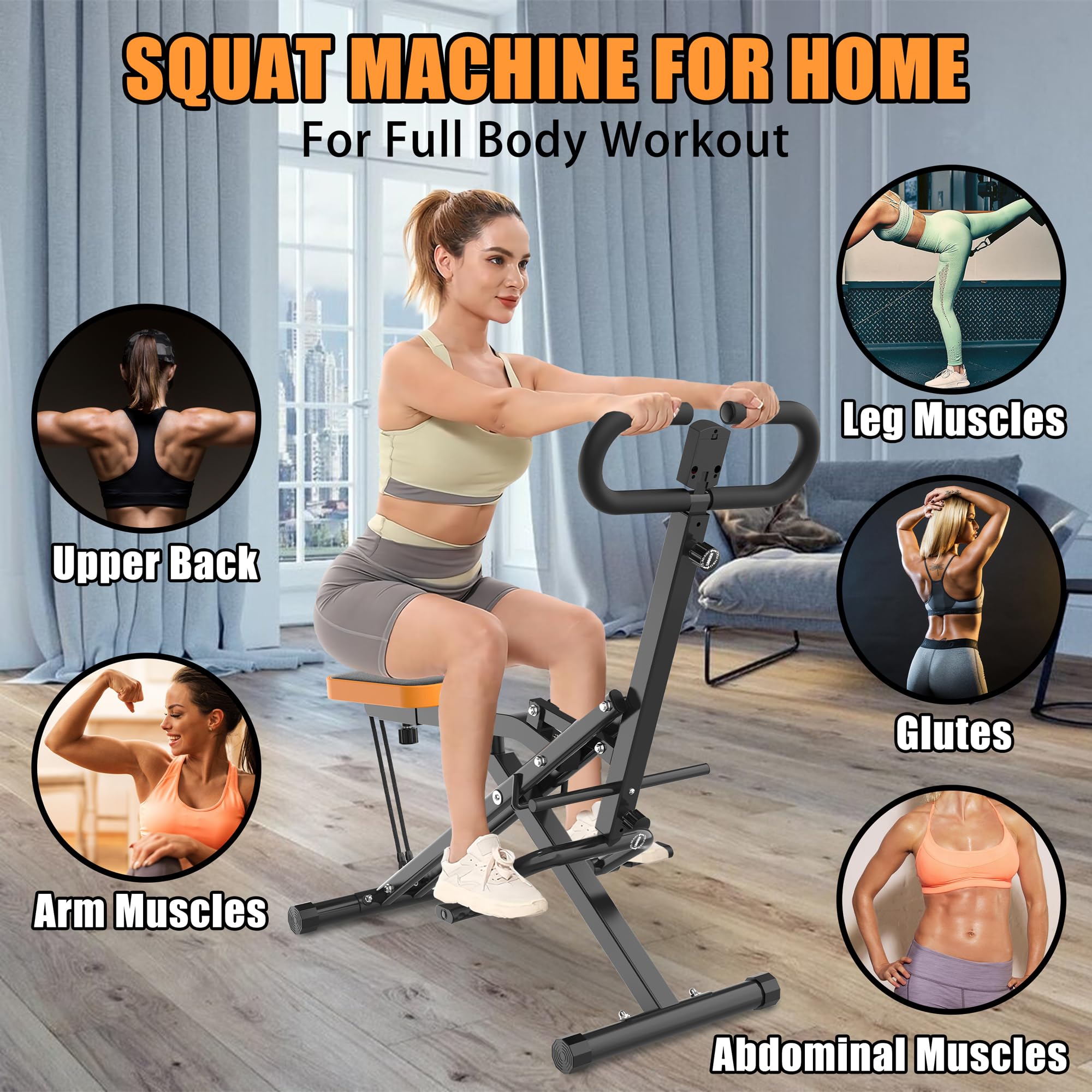 Foldable Squat Machine for Home - Adjustable Resistance Squat Ride & Rowing Exercise Equipment for Glute, Leg & Cardio Workout | Perfect for Home Gym, Small Spaces & Full-Body Training