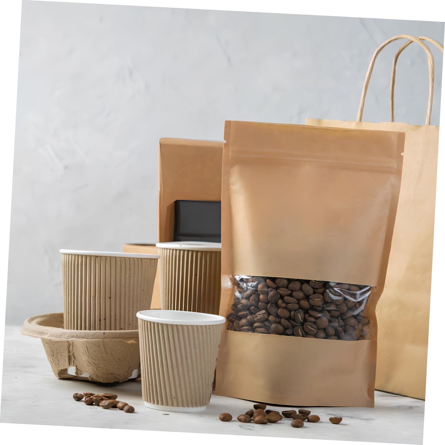 Angoily 50 Pcs Resealable Kraft Bags with Window - Eco-Friendly Coffee Packaging for Small Business | Perfect for Coffee Beans, Tea, Snacks & Crafts Storage