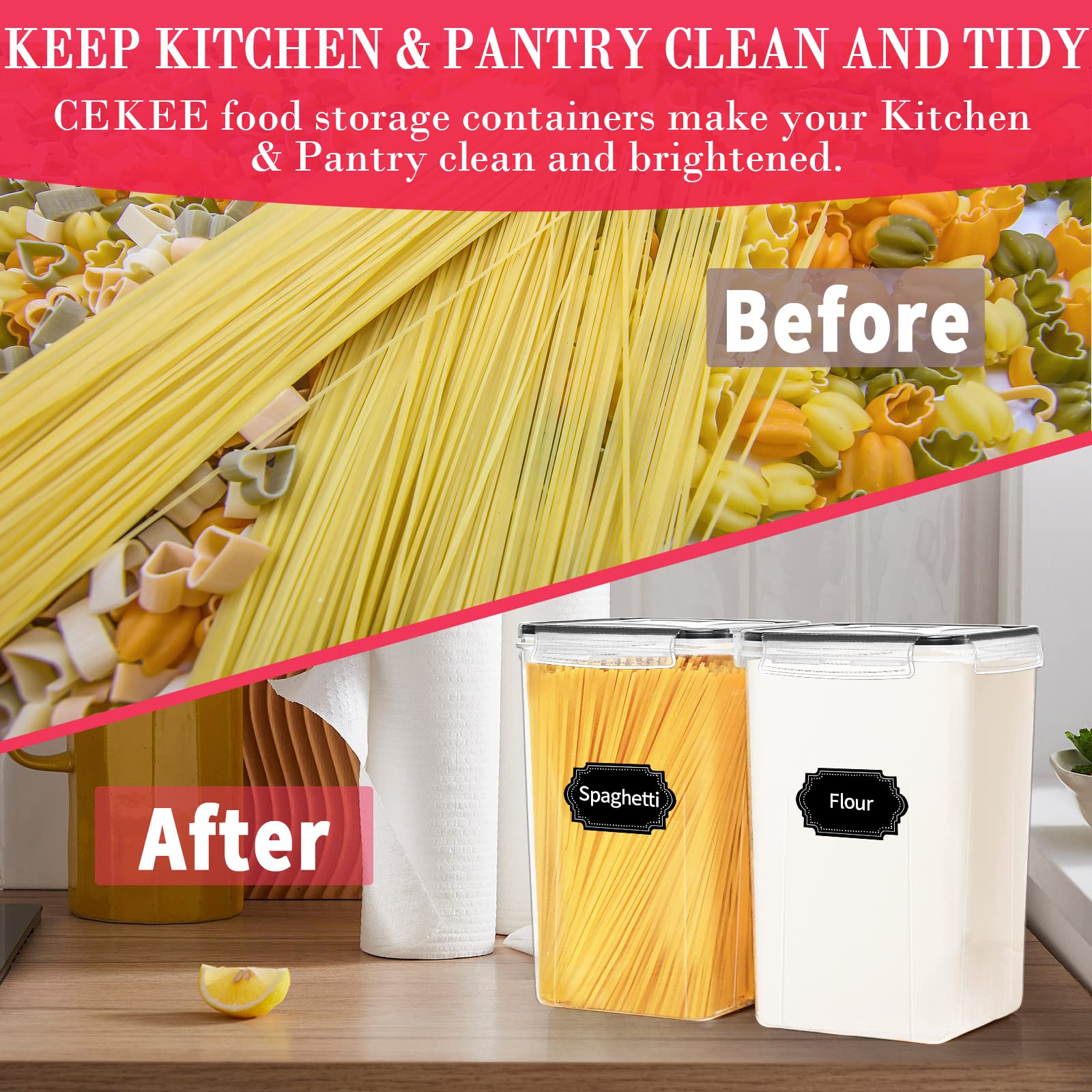 CEKEE 6.5L (220 OZ) Airtight Plastic Food Storage Containers with Lids (2-Pack) - Bulk Storage for Flour, Sugar, Rice, Cereal & Pasta - Perfect for Kitchen Pantry Organization & Meal Prep