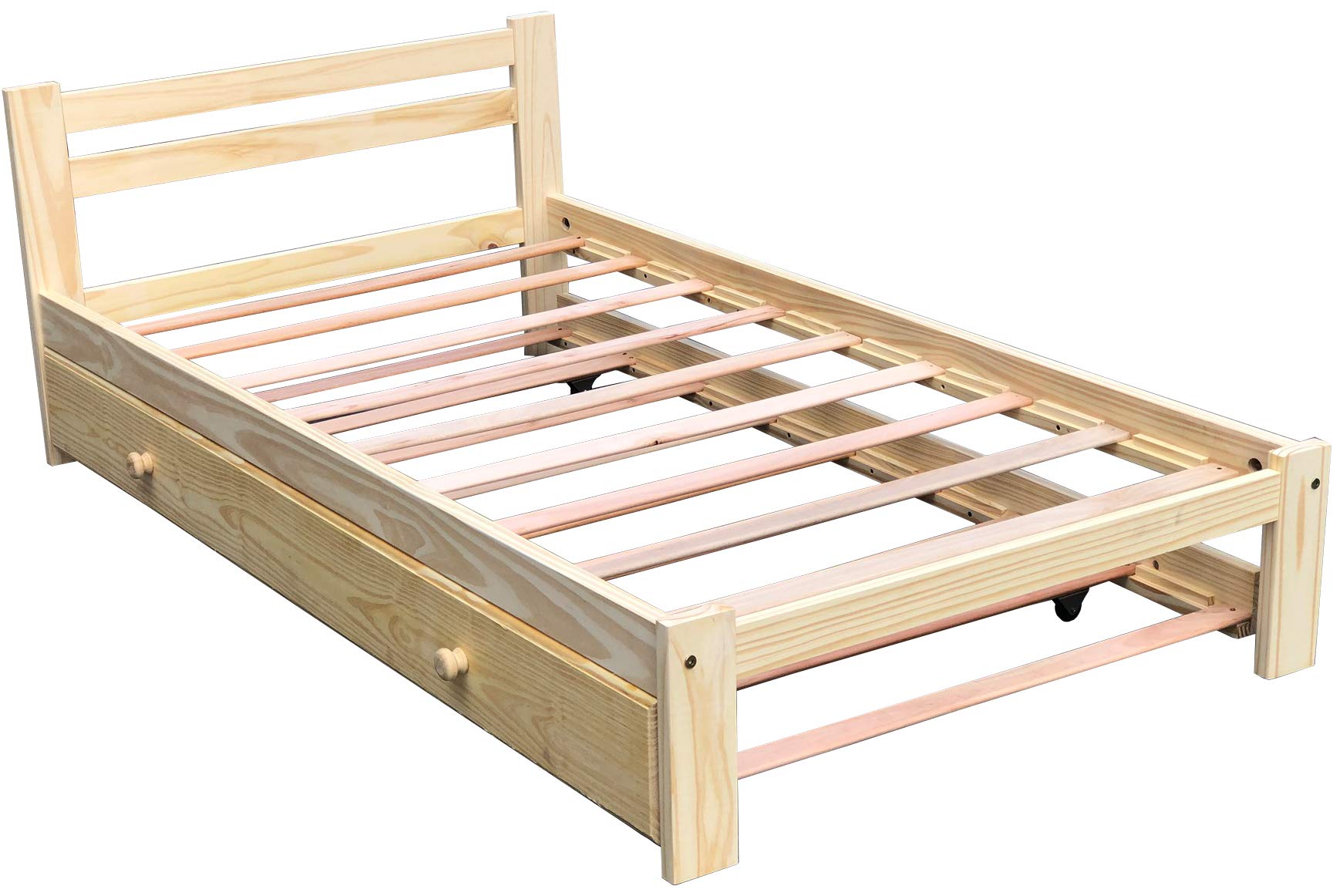 Solid Pine Wood Twin Trundle Bed Frame with Slats Support - Unfinished Wooden Bed for Kids & Guest Rooms - Space-Saving Wheeled Trundle Design for Small Bedrooms & Vacation Homes