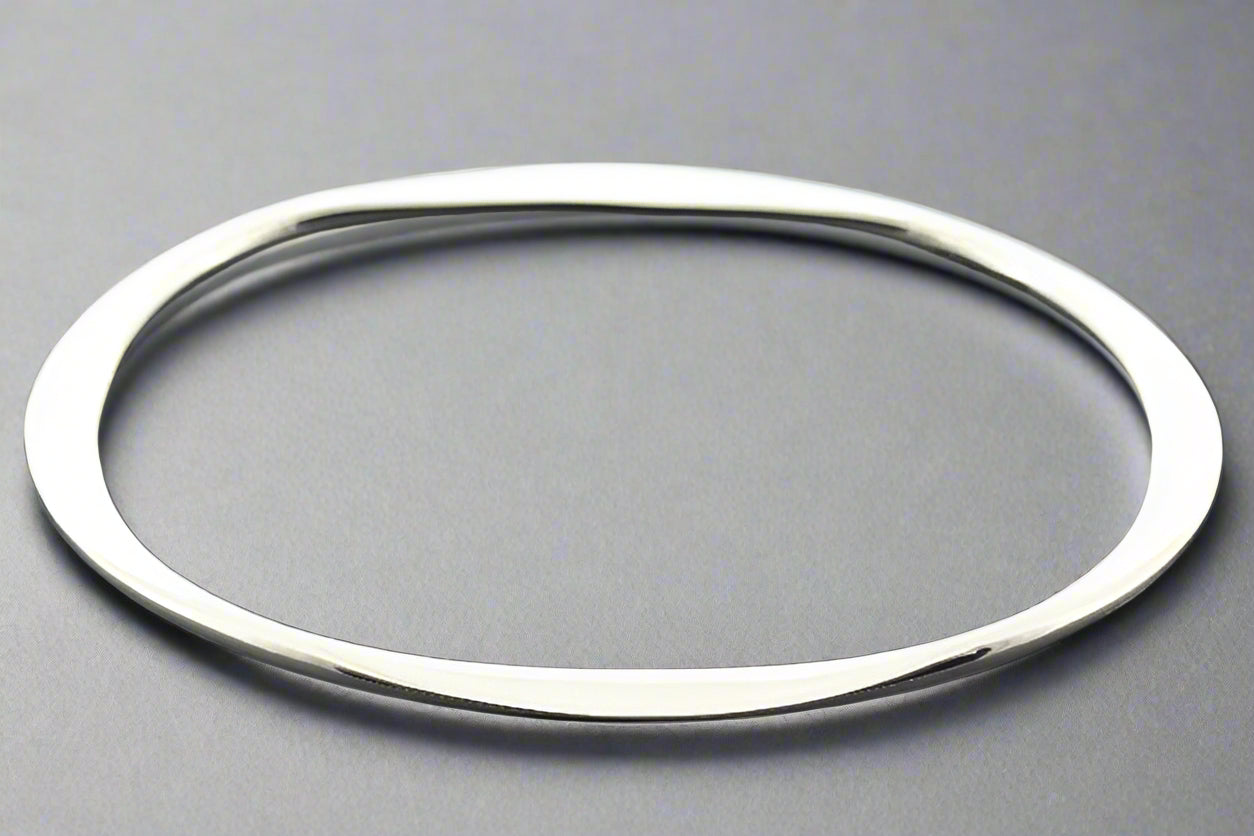 Sterling Silver Flattened Oval Bangle Bracelet for Women - Elegant Jewelry Gift for Birthday, Anniversary & Special Occasions