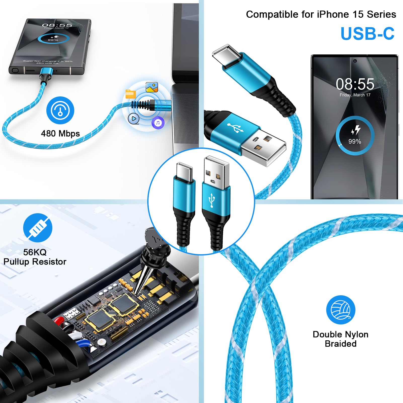 3-Pack 6FT Nylon Braided USB A to USB C Fast Charging Cable - Compatible with Samsung Galaxy S25/S24/S23/S22/S21/S20/S10/S8/A55/A54/A15/A16/Z Flip 6, iPhone 16/15 Pro Max, Huawei, Google Pixel - Perfect for Home, Office & Travel Charging