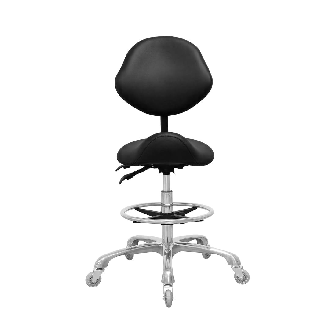 Heavy-Duty Hydraulic Adjustable Saddle Stool with Back Support & Footrest - 350LBS Capacity, Swivel Rolling Chair for Salon, Spa, Massage, Dental Clinic, Home & Office Use (Black) - Perfect for Hair Stylists, Therapists & Long Work Sessions