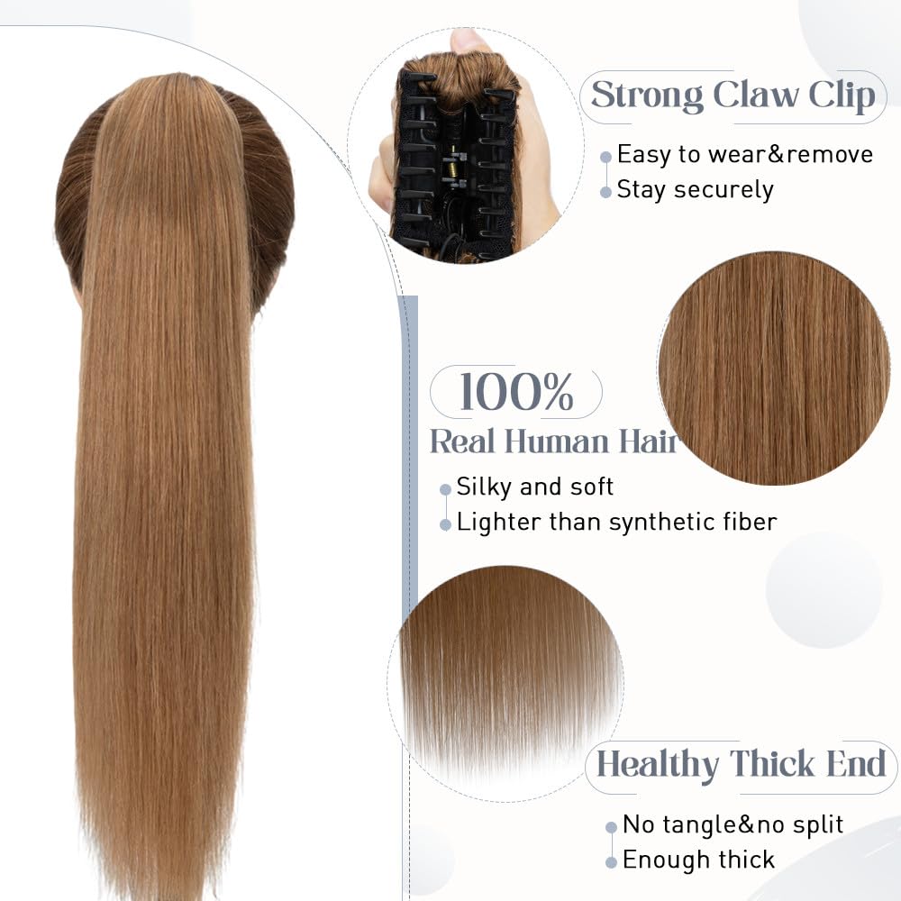 Premium 18 Inch Human Hair Ponytail Extension - Real Hair Clip-In Ponytail with Balayage Light Brown (#6) for Women | Straight Long Ponytail Hair Extensions (115g) | Perfect for Parties, Weddings & Everyday Styling