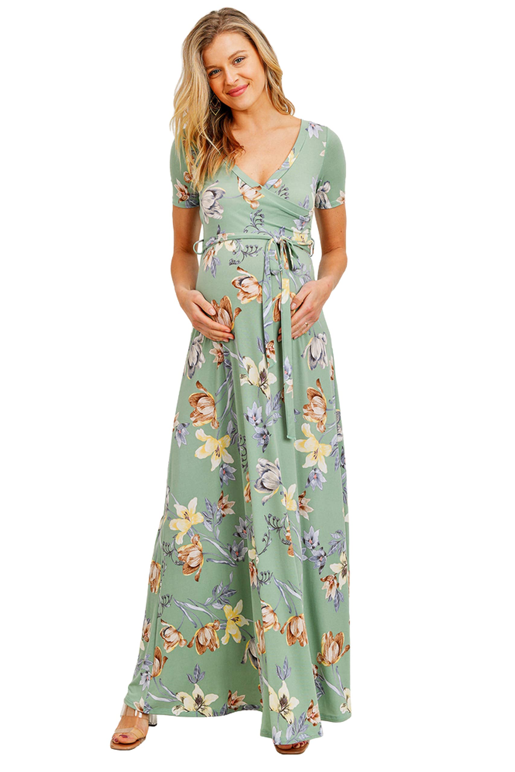 LaClef Women's Faux Wrap Maternity Maxi Dress with Adjustable Belt - Comfortable Pregnancy Dress for Baby Shower, Maternity Photos & Everyday Wear