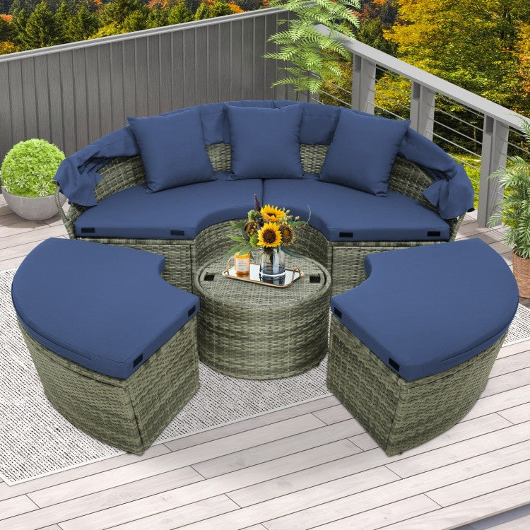 Outdoor PE Wicker Round Daybed with Retractable Canopy & Cushions - Navy Blue Patio Furniture for Poolside, Garden, or Backyard Relaxation