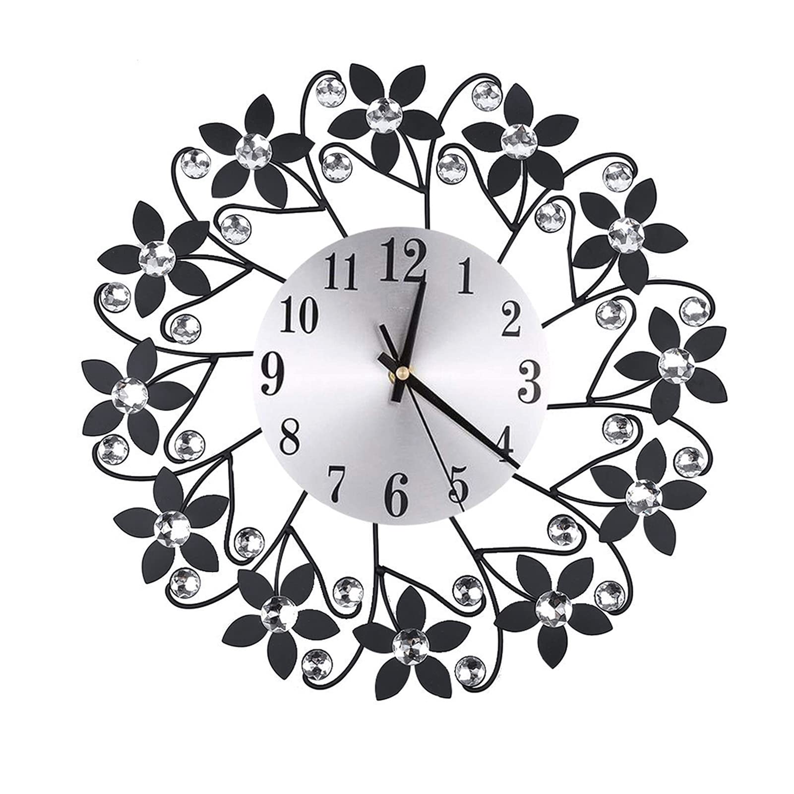 Silent Non-Ticking Wall Clock - Wrought Iron Diamond Design Metal Quartz Clock for Bedroom & Living Room Decor - Perfect for Home, Office, Nursery and Quiet Spaces (Black)