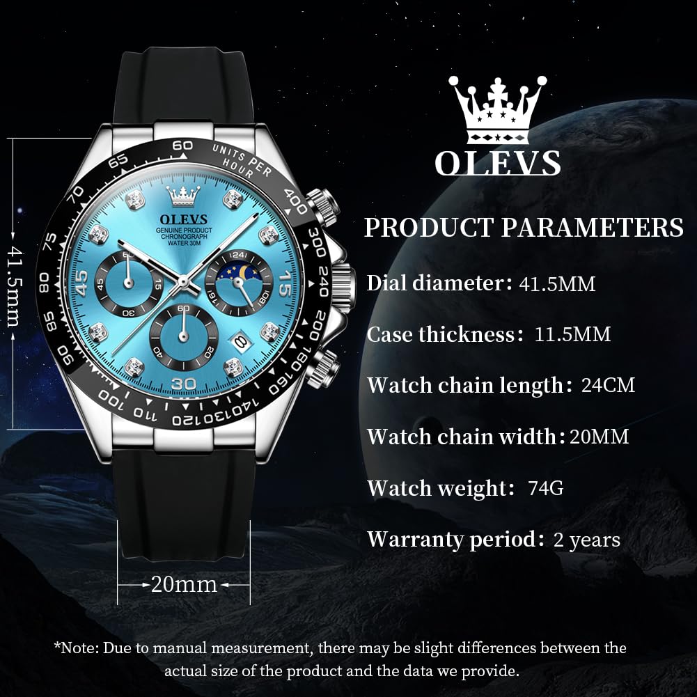 OLEVS Men's Luxury Sports Watch - Silicone Band, Chronograph, Moon Phase, Diamond Accents, Waterproof & Luminous - Analog Quartz Wristwatch for Men | Perfect for Outdoor Activities, Business Meetings & Formal Events