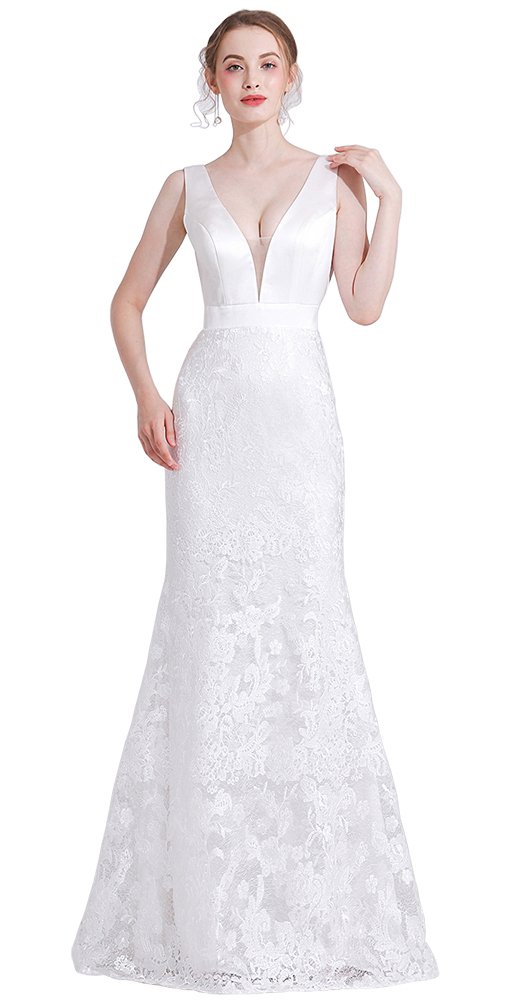 Honeydress Women's Mermaid Deep V Neck Lace Party Dress with Detachable Cap Sleeves - Elegant Evening Gown for Prom, Wedding Guest, Cocktail Party & Special Occasions