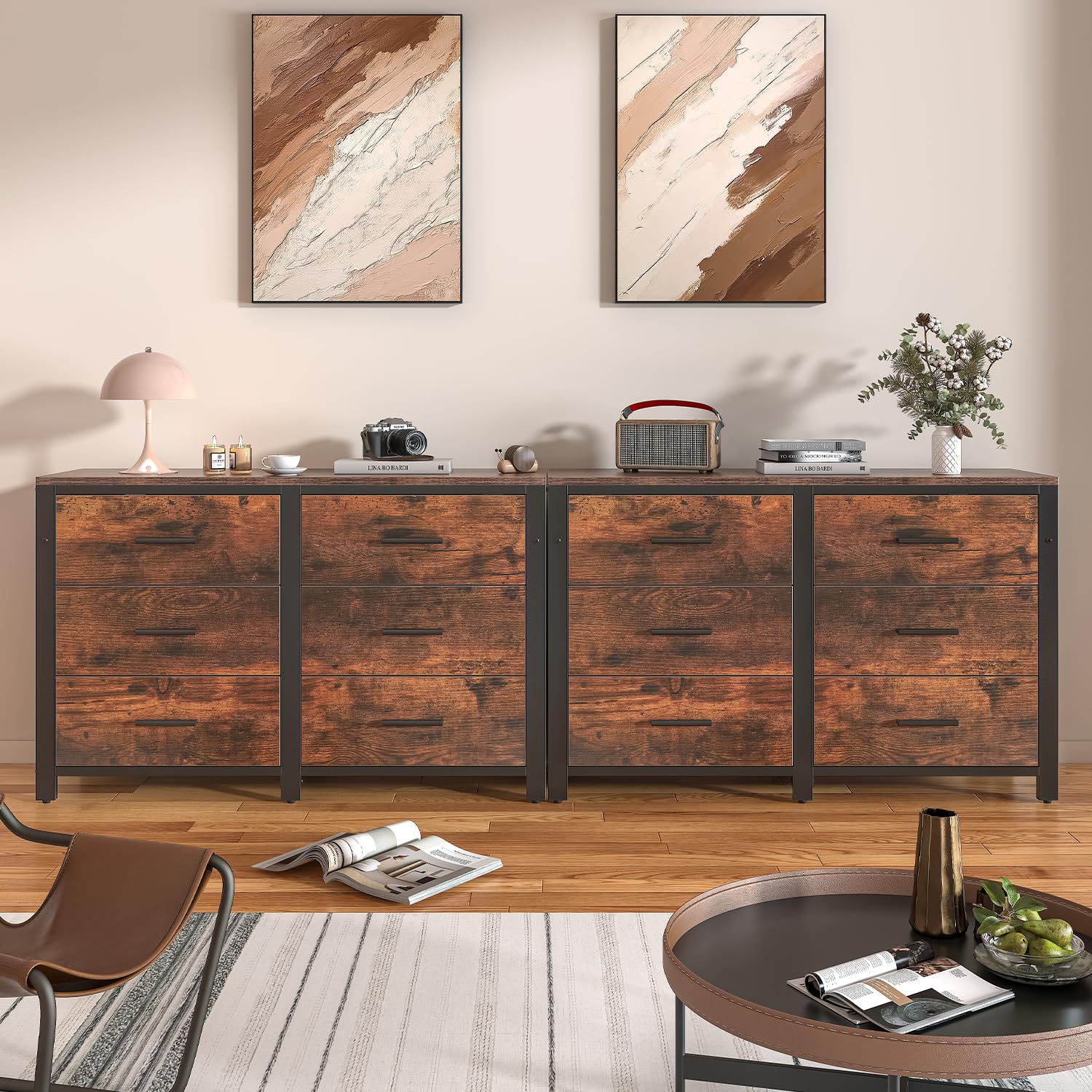 Rustic Brown Wooden Dresser for Bedroom - 6-Drawer Wide Dresser with Metal Frame, TV Stand & Deep Storage Drawers | Perfect for Bedroom Organization, Living Room Storage & Home Decor (Rustic Brown)