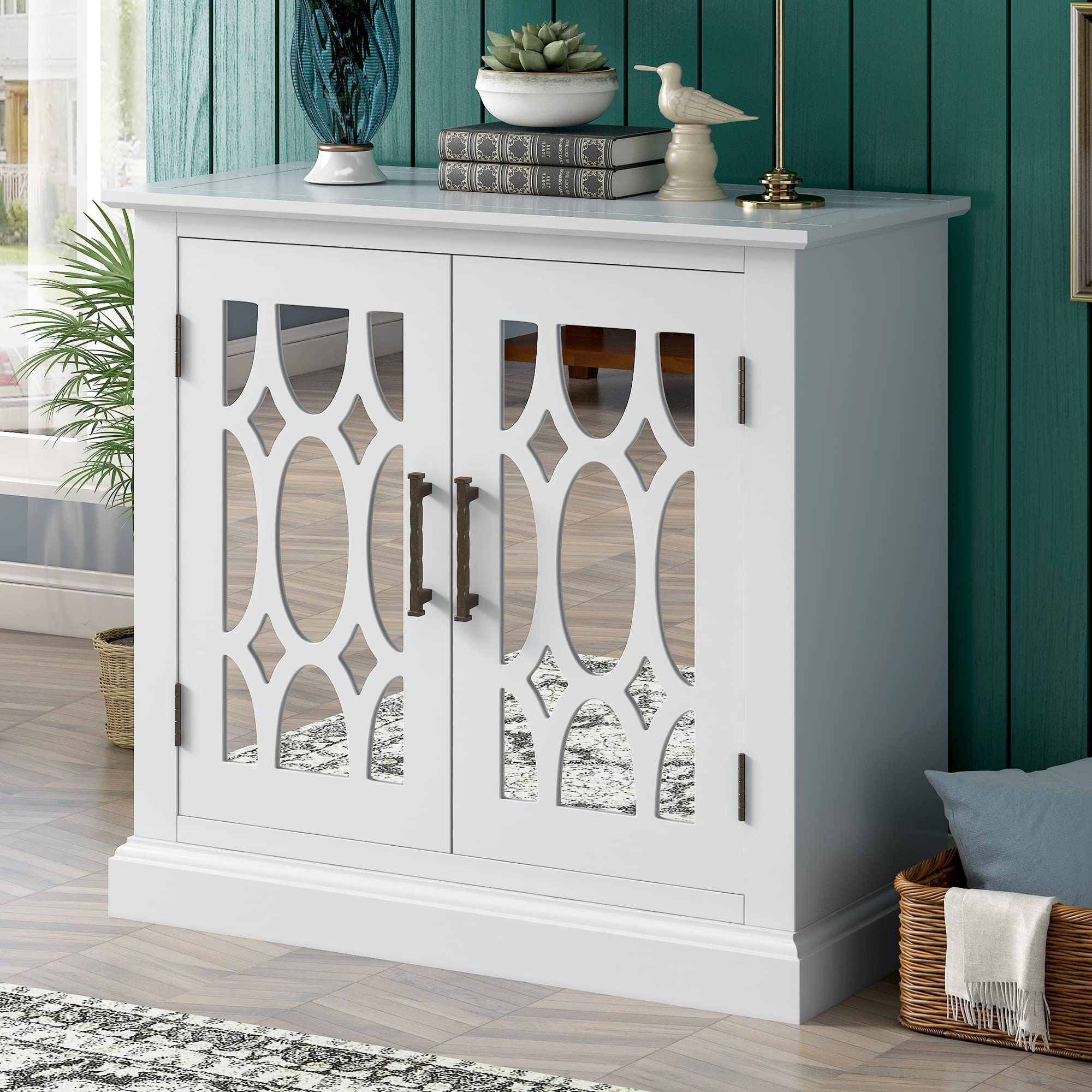 White Accent Storage Cabinet with Mirrored Doors - Kitchen Buffet Sideboard with Cabinet for Living Room, Bedroom & Hallway | Perfect for Home Organization & Decor