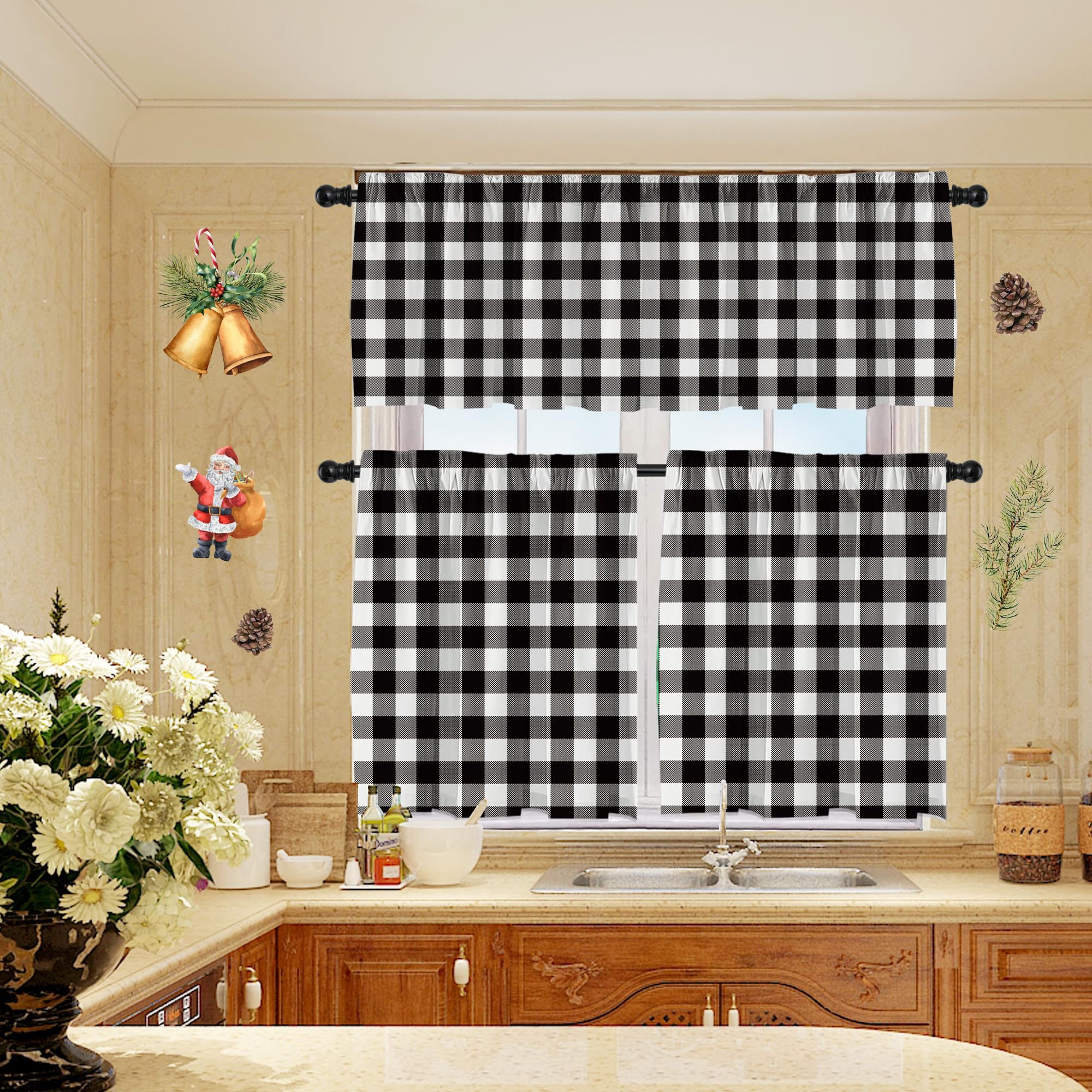 Buffalo Check Black and White Farmhouse Kitchen Window Curtains Set - Tier Curtains & Valances with Rod Pocket for Rustic Home Decor, Perfect for Country Style Kitchens, Dining Rooms and Cozy Farmhouse Windows