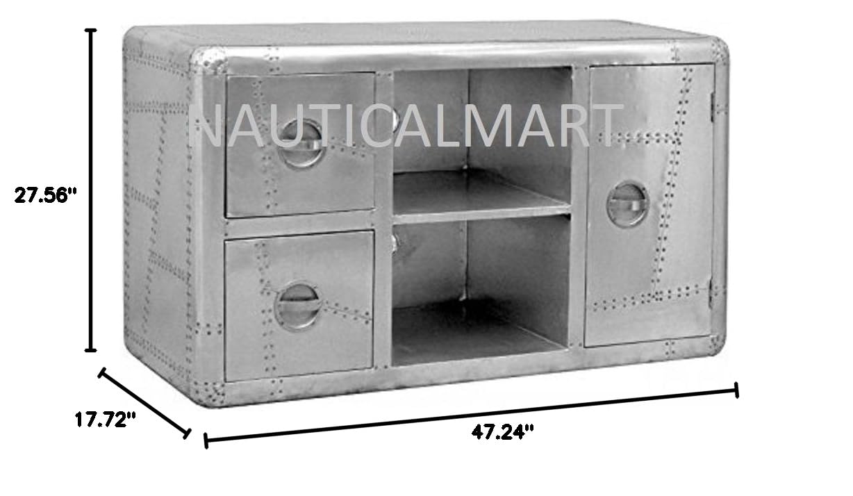 NauticalMart Aluminum TV Stand with Drawers - Modern Entertainment Center for Living Room, Bedroom & Home Theater Storage Furniture