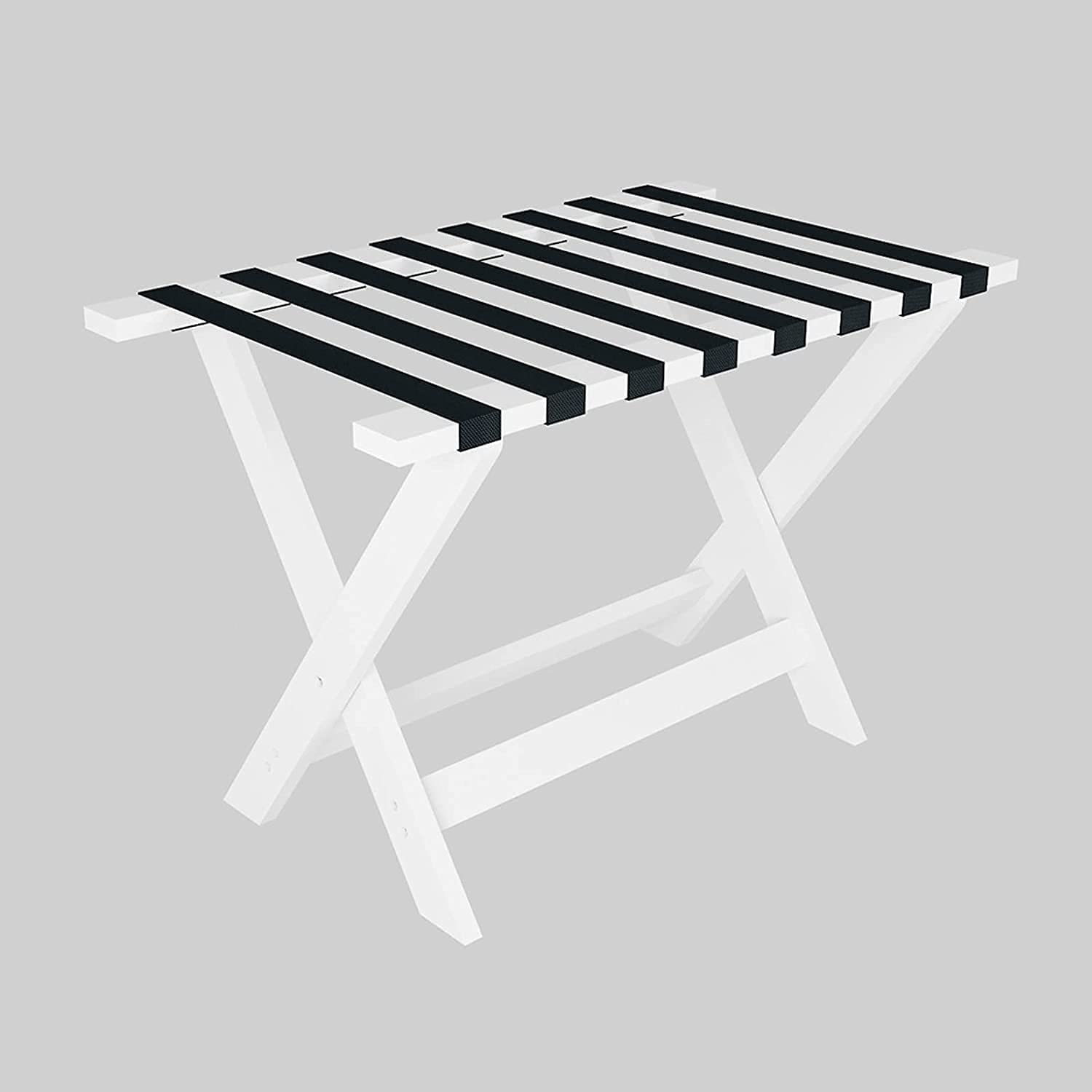 KAMWD White Straight Leg Luggage Rack with Non-Slip Foot Pads - Heavy Duty Suitcase Stand with 8 Adjustable Nylon Straps (60x45x50cm) - Perfect for Hotels, Airports & Home Storage Organization