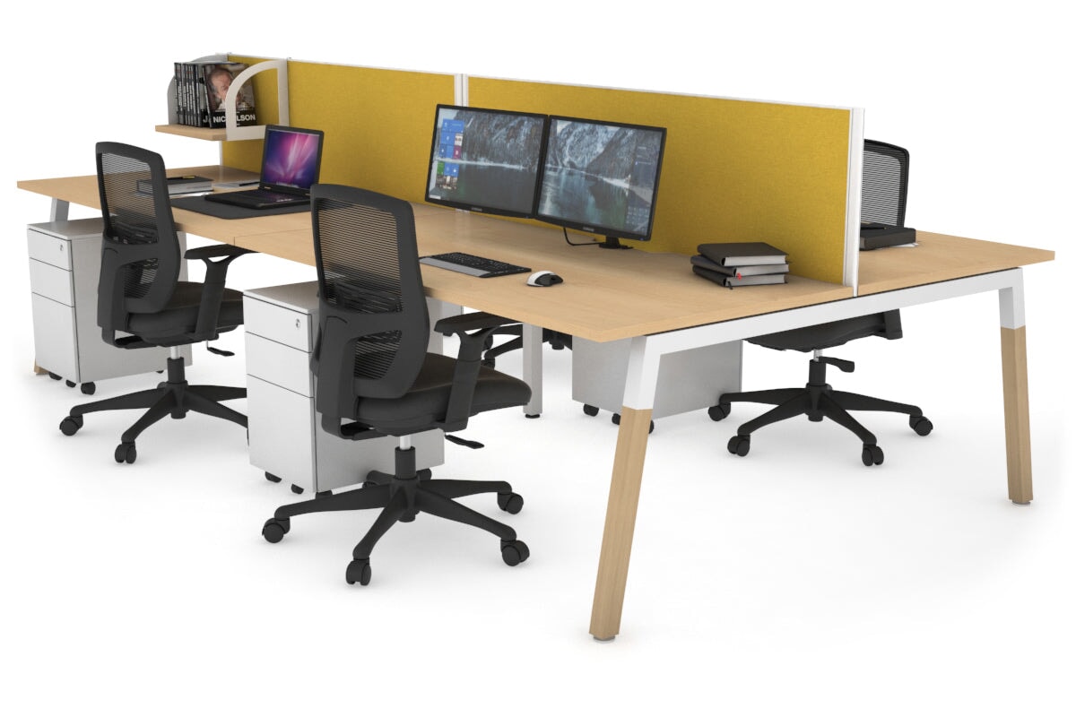 Quadro A Legs 4-Person Office Workstation with Wood Legs & Cross Beam - 1600L x 800W Dimensions with Cable Management Scallop | Perfect for Collaborative Workspaces, Home Offices & Shared Workstations
