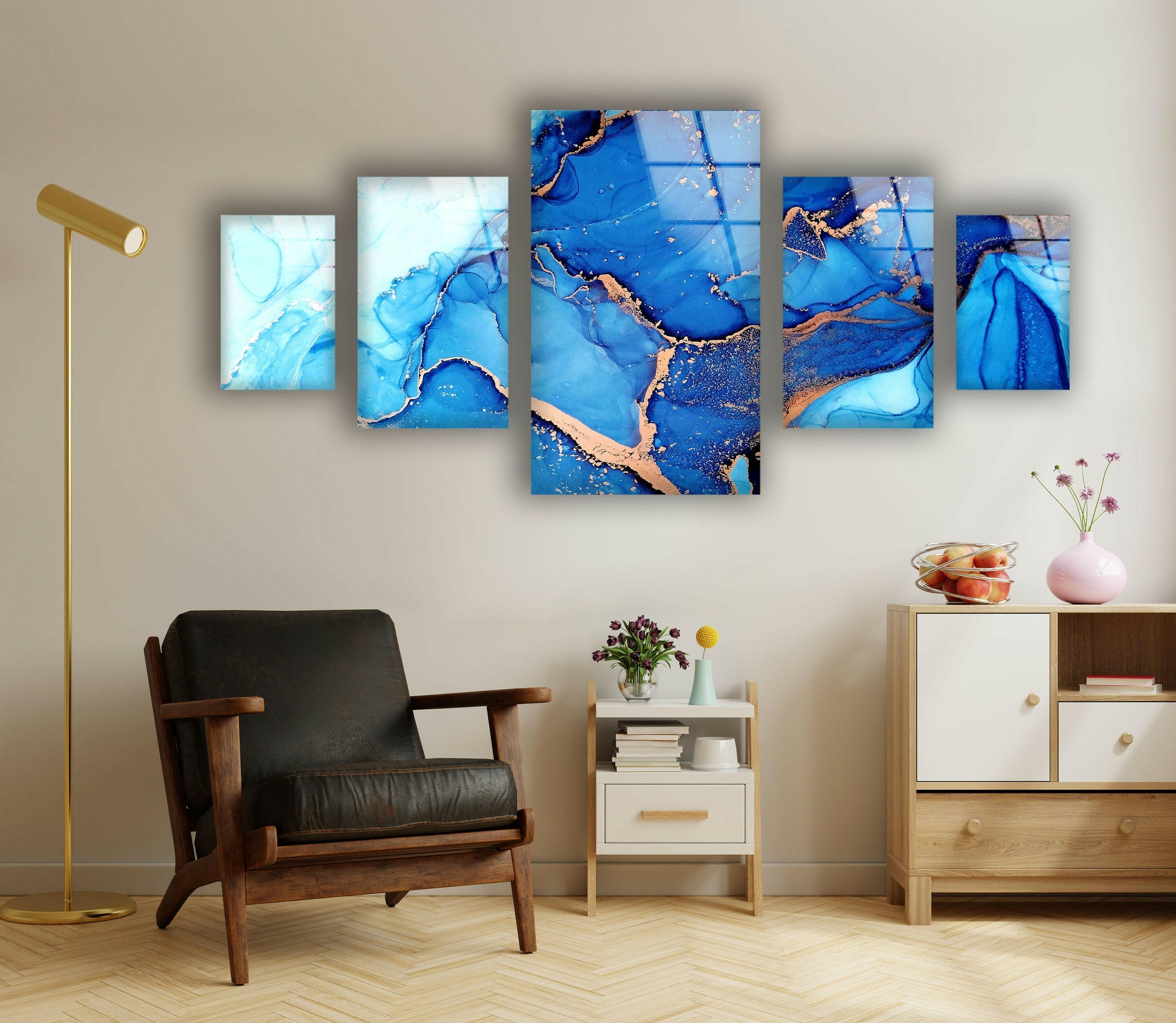 Blue Alcohol Ink Marble Abstract Glass Wall Art - Handmade Modern Home Decor for Living Room, Bedroom & Office