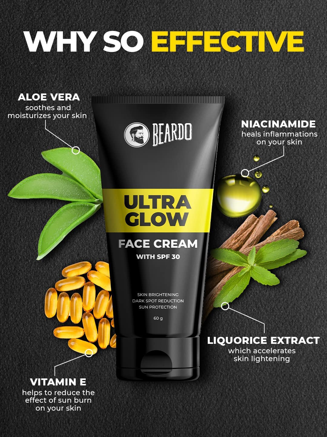 Beardo Ultraglow All-in-One Men's Face Cream with SPF 30, 60g - Aloe Vera, Vitamin E & Niacinamide for Skin Brightening, Dark Spot Reduction & Hydration | Daily Moisturizer for Men's Skincare Routine, Gym & Outdoor Protection