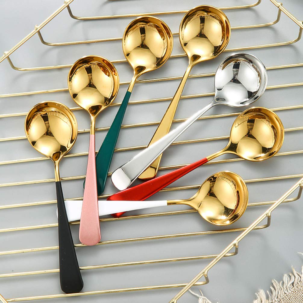Leeonz 5-Pack Round Colorful Handle 304 Stainless Steel Soup Spoons - Elegant Dinner Spoons for Rice, Dessert & Coffee, Durable Kitchen & Tableware for Home, Restaurant & Cafe Use