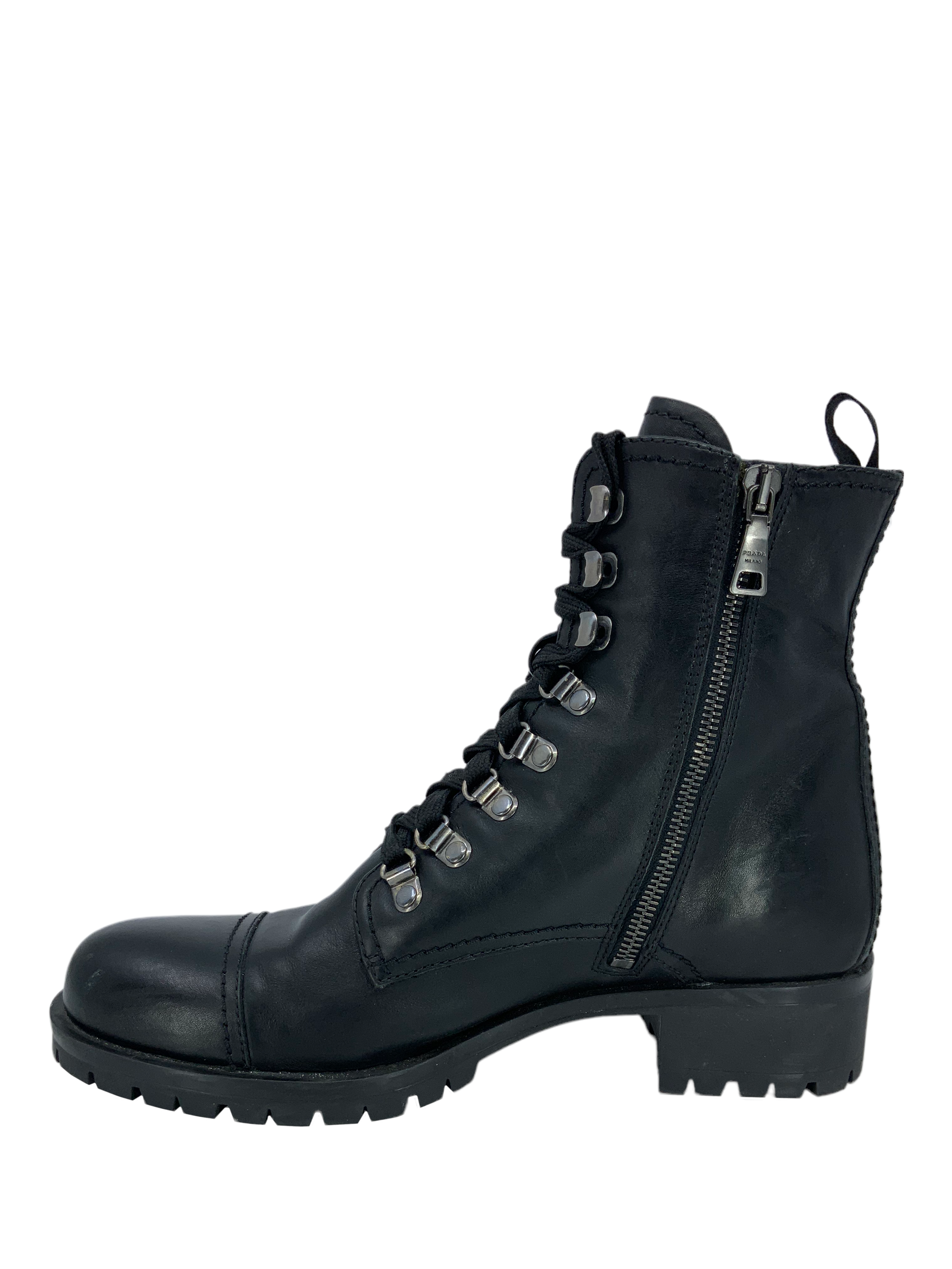 PRADA Genuine Leather Military Boots for Men - Size 9 US, Lace-Up Combat Style - Perfect for Urban Fashion & Outdoor Adventures