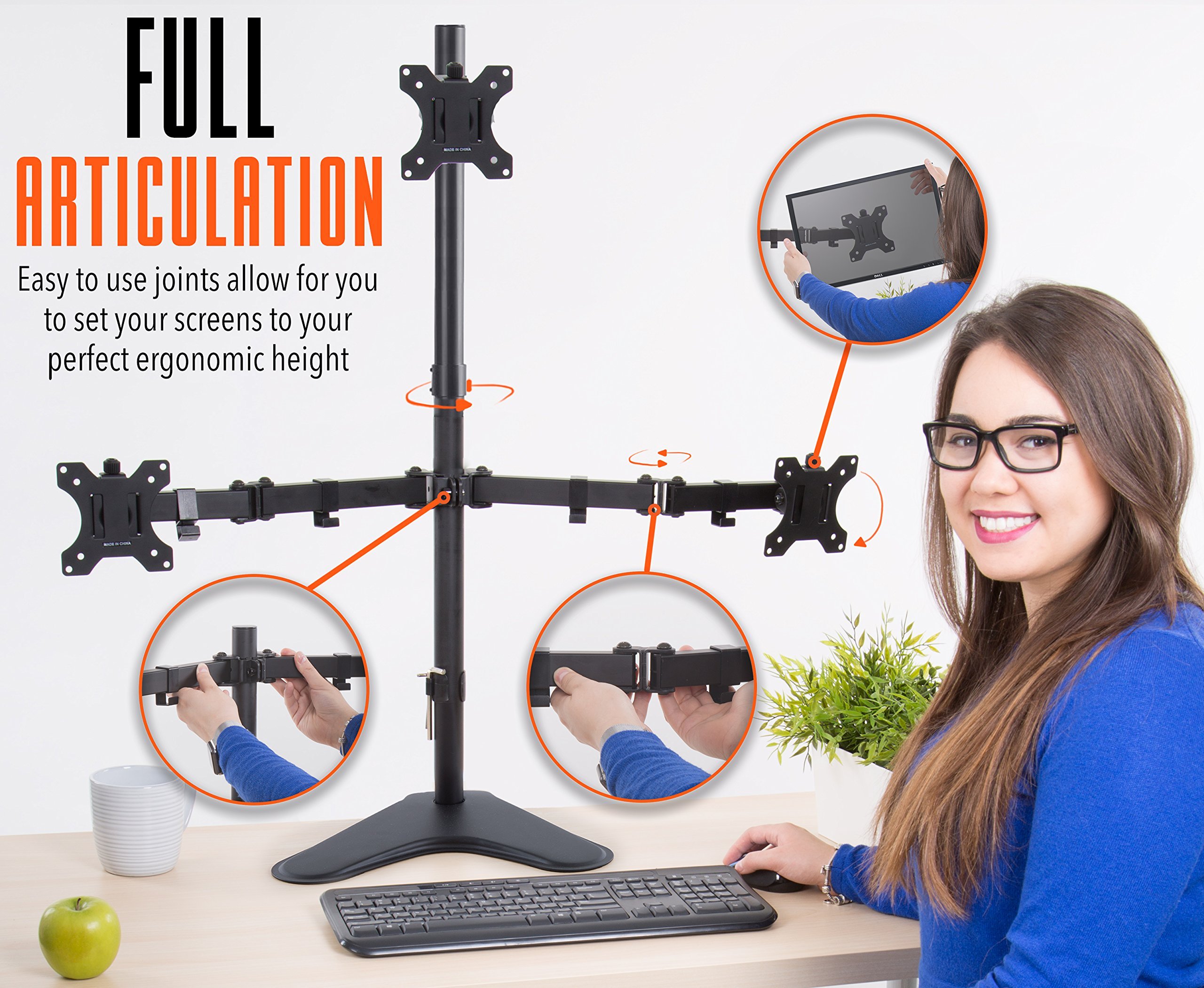Stand Steady Triple Monitor Desk Stand with Tabletop Base - Adjustable Height & Full Articulation VESA Mount for 13-32 Inch LCD/LED Screens | Perfect for Home Office, Gaming & Workstation Setup