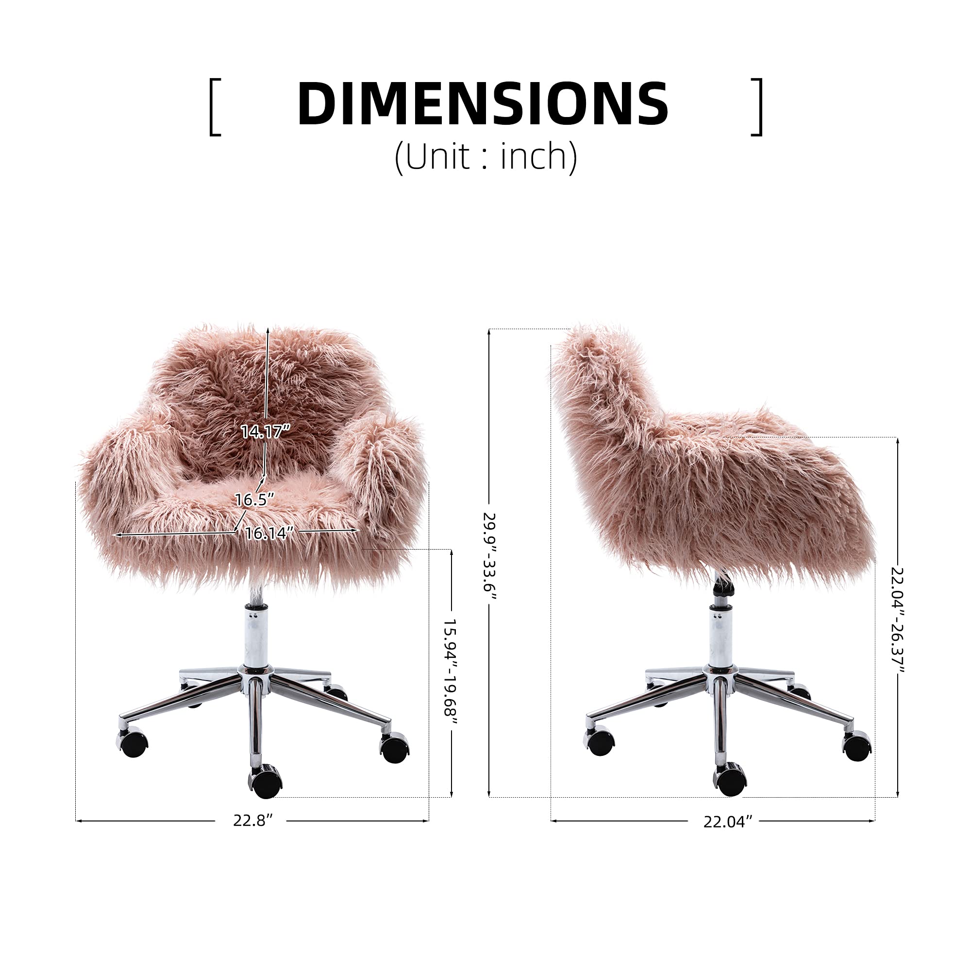 Fluffy Faux Fur Office Desk Chair with Wheels - Modern Swivel Armchair for Women & Girls, Soft Comfy Elegant Accent Makeup Vanity Chair for Home, Bedroom, Dressing Room - Perfect for Work, Study & Beauty Routine (Pink)