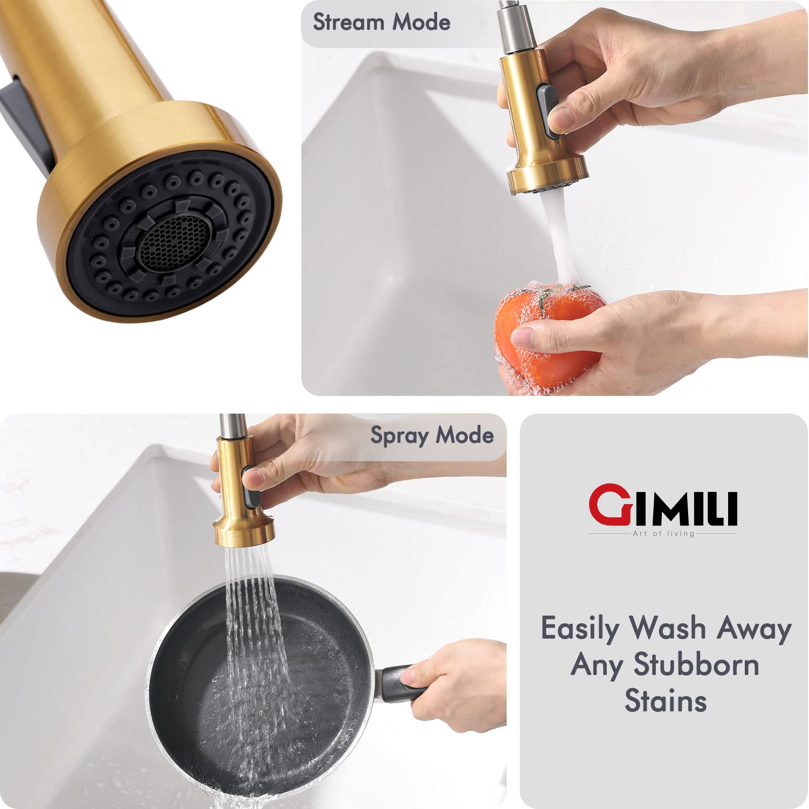 GIMILI Brushed Gold Kitchen Faucet with Pull Down Sprayer, Single Handle Brass Spring Design, RV Farmhouse Utility Bar Laundry Faucet for Kitchen Sink, Perfect for Modern and Rustic Home Decor