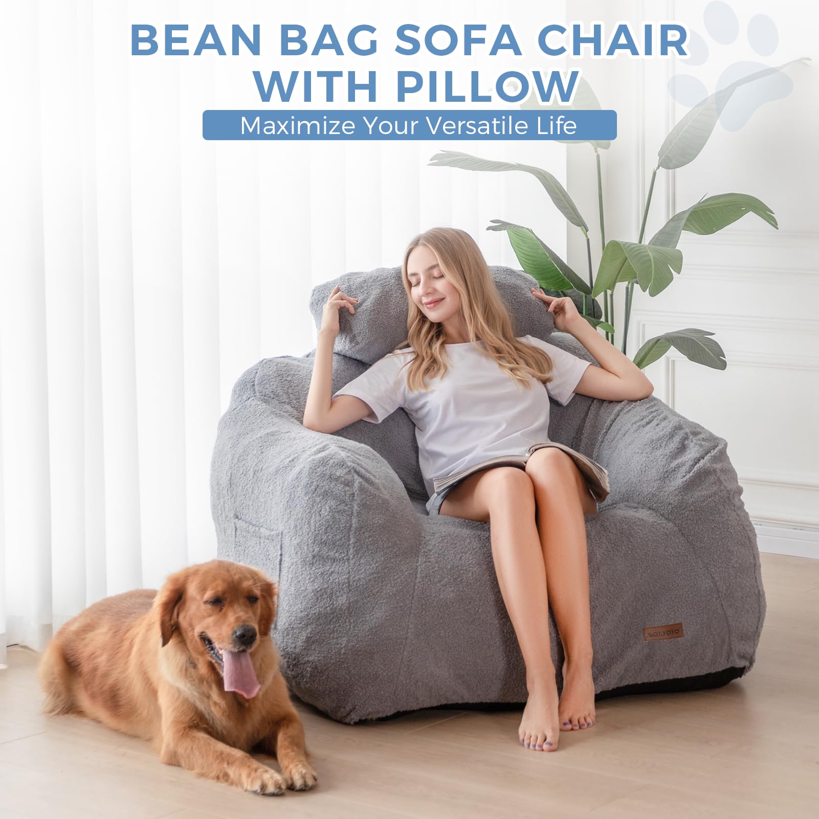 MAXYOYO Giant Bean Bag Chair with Pillow - Extra Large Fuzzy Comfy Bean Bag for Adults & Kids, Beige - Perfect for Living Room, Bedroom, Game Room & Dorm Relaxation