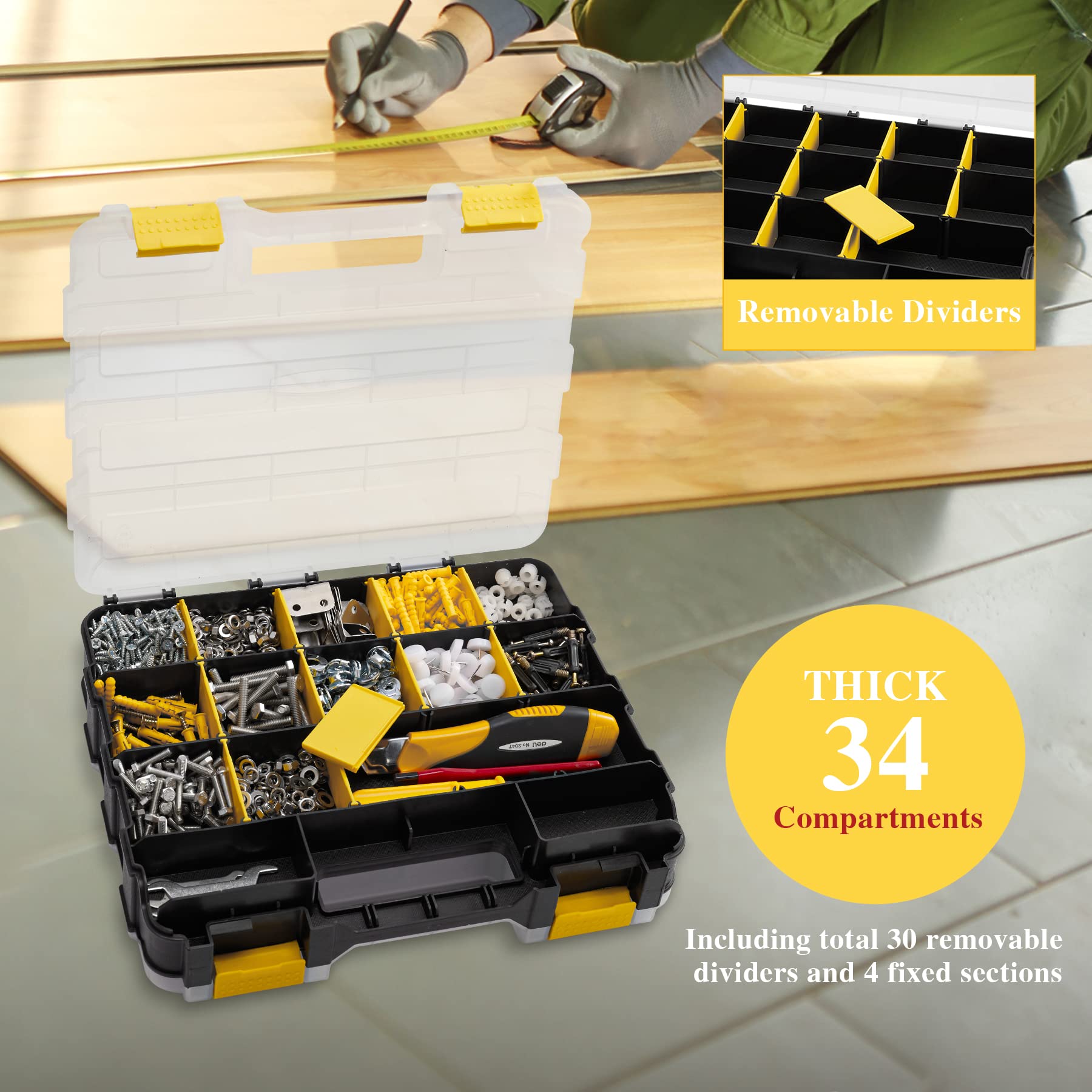 34 Compartment Small Parts Organizer Box - Durable Plastic Hardware Storage with Removable Dividers for Nuts, Bolts, Screws & Nails - Double-Sided Tool Box for DIY, Workshop & Home Organization (Yellow)