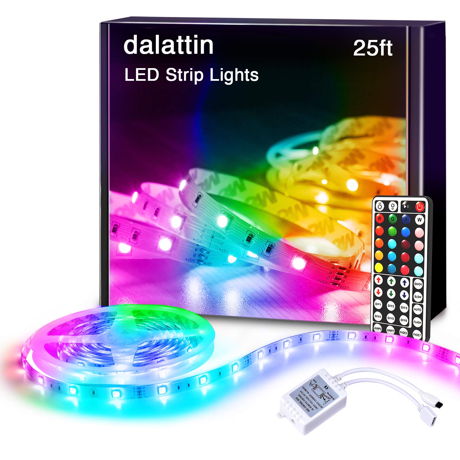 DALATTIN 25ft RGB 5050 LED Strip Lights Color Changing Kit with 44-Key Remote & 12V Power Supply - Indoor Bedroom Lighting, Easter Decorations, Party & Home Decoration