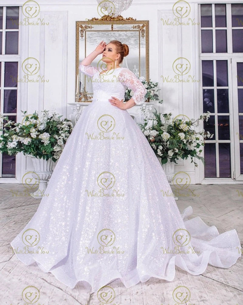 Sparkly Plus Size 3/4 Sleeve V-Neck Ball Gown Wedding Dress for Women - Elegant Bridal Gown for Church, Beach & Formal Weddings