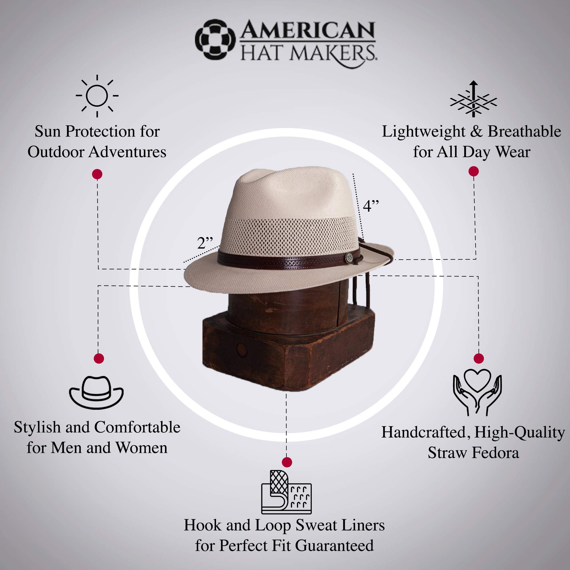 American Hat Makers Tuscany Straw Fedora Hats for Men & Women - Breathable Summer Sun Hat for Beach, Travel & Outdoor Activities