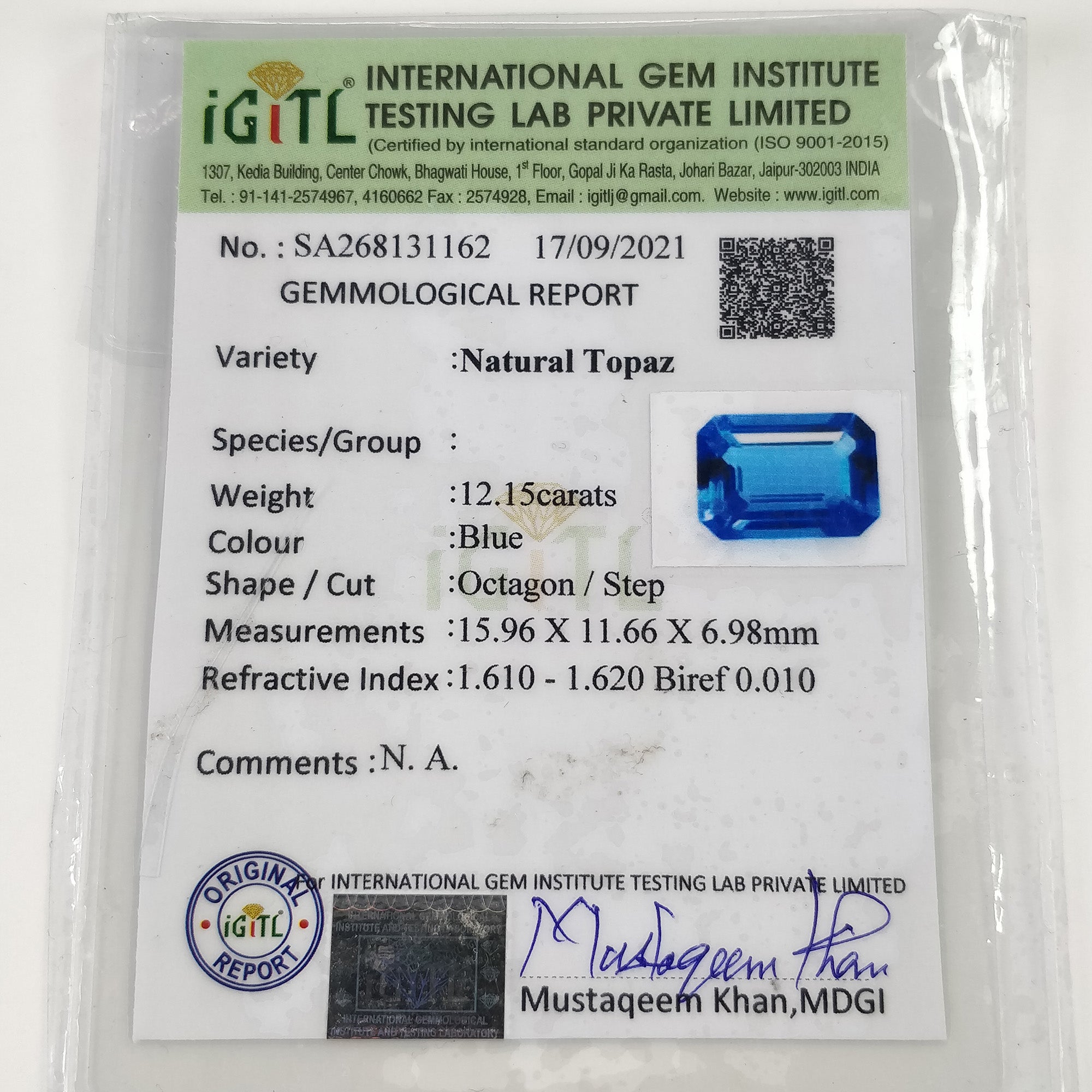 Certified Natural Blue Topaz Gemstone Pair - 24.30cts Unheated Octagon Cut (15.96x11.66mm) for Jewelry Making, Engagement Rings & Luxury Gifts